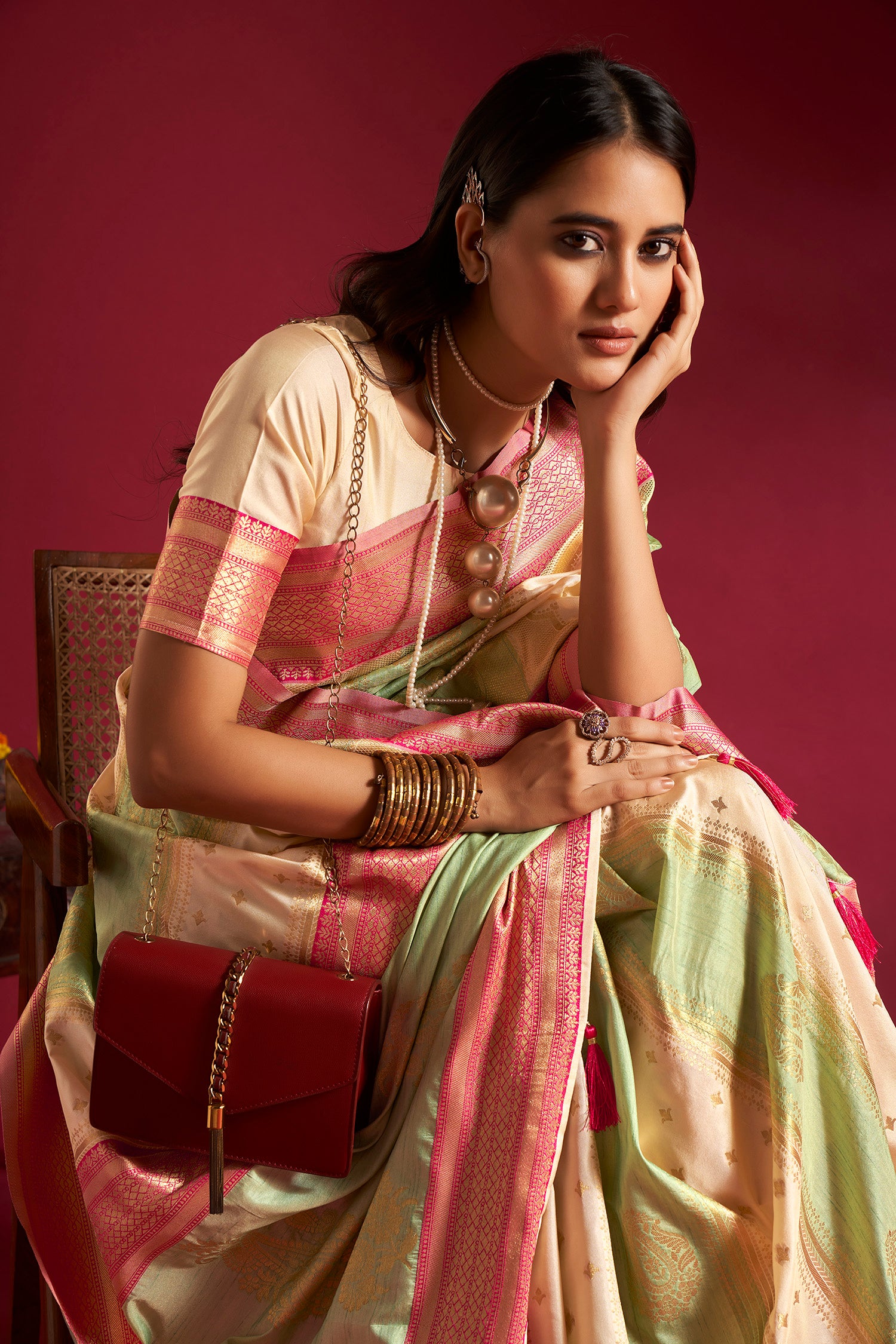 Green and Cream Banarasi Silk Sarees with Unstitched Blouse