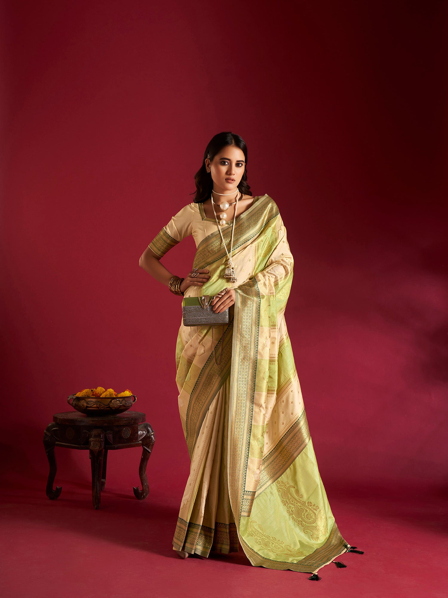 Cream and Light Green Banarasi Silk Sarees with Unstitched Blouse