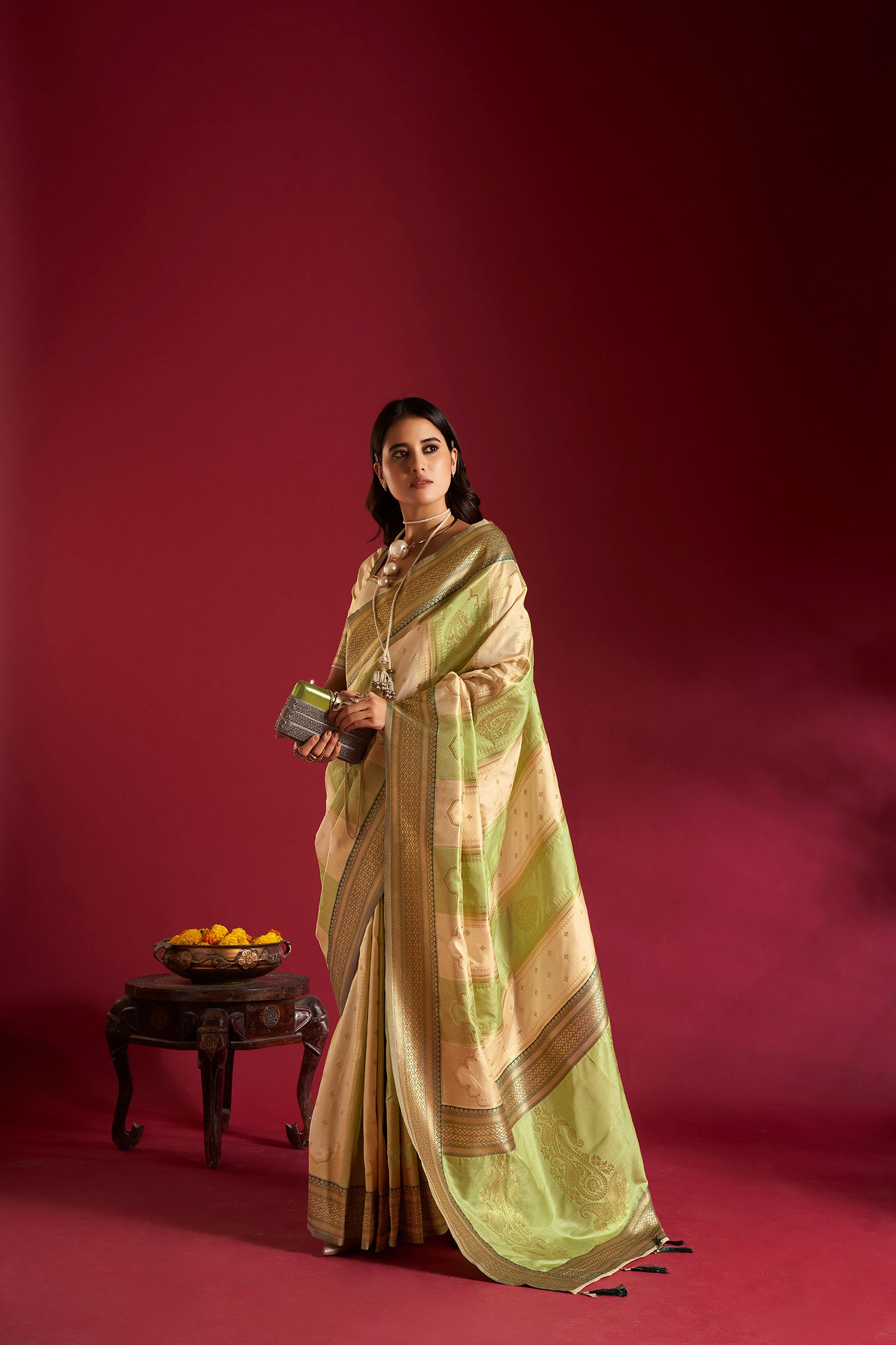 Cream and Light Green Banarasi Silk Sarees with Unstitched Blouse