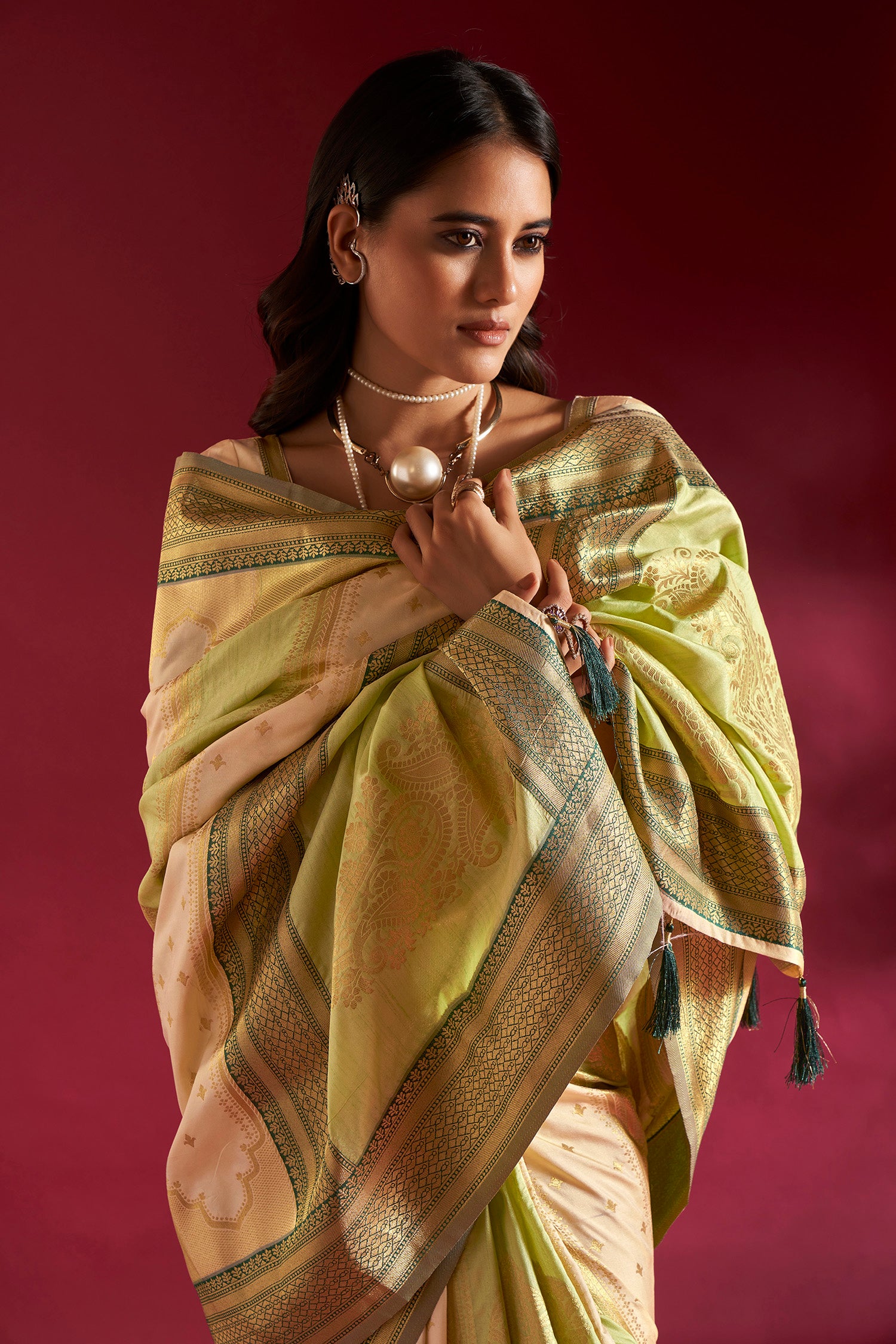 Cream and Light Green Banarasi Silk Sarees with Unstitched Blouse