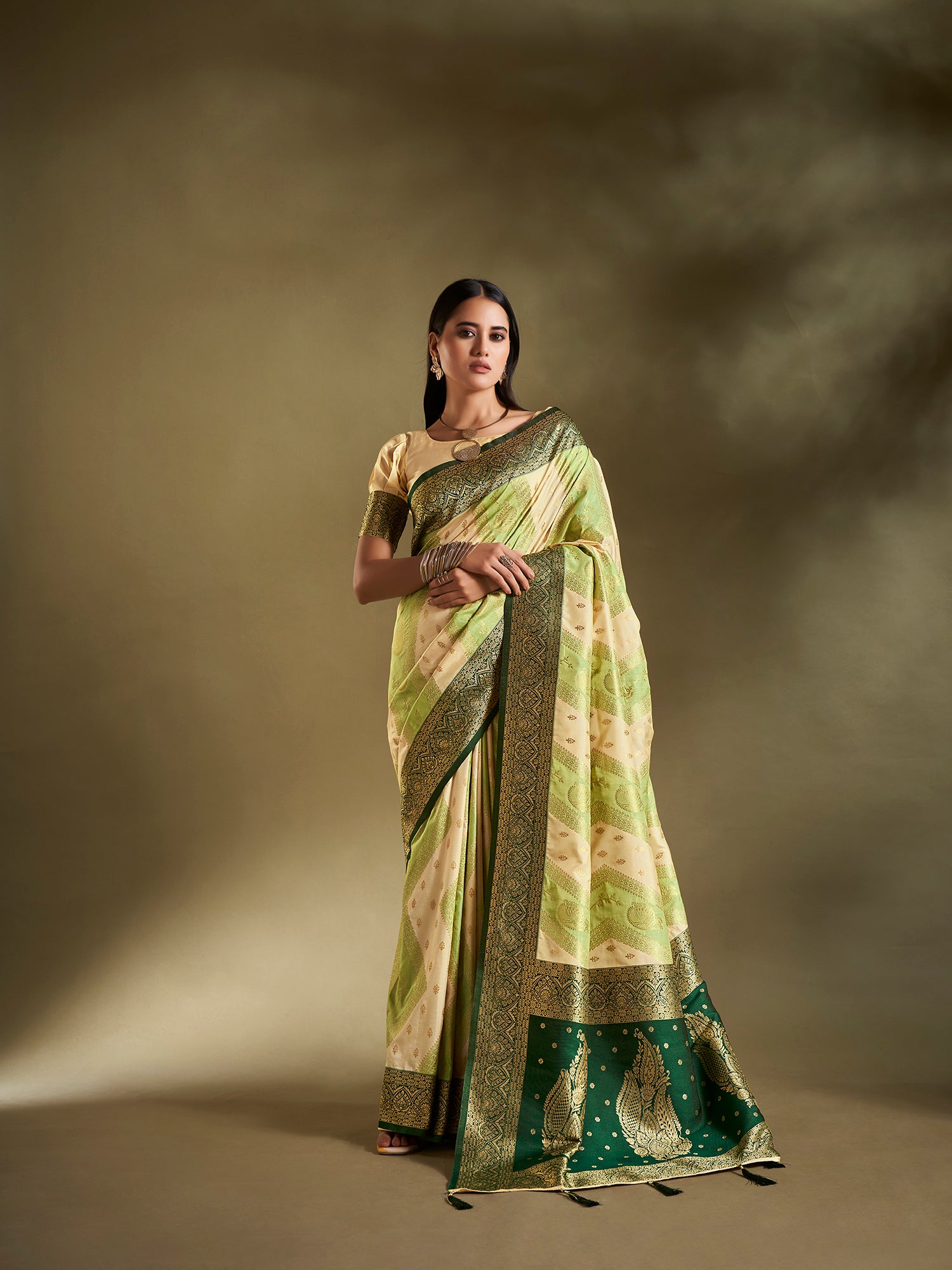 Light Green and Cream Banarasi Silk Saree with Unstitched Blouse