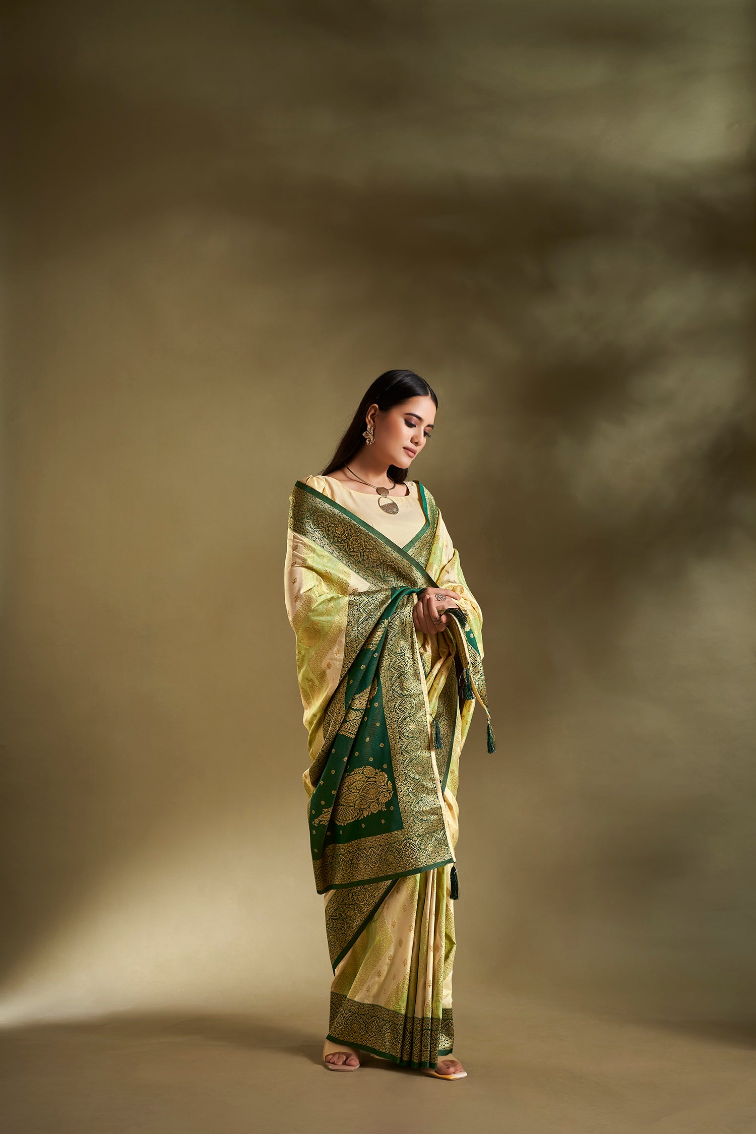 Light Green and Cream Banarasi Silk Saree with Unstitched Blouse