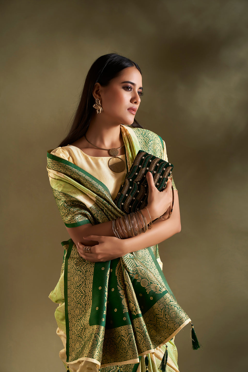 Light Green and Cream Banarasi Silk Saree with Unstitched Blouse