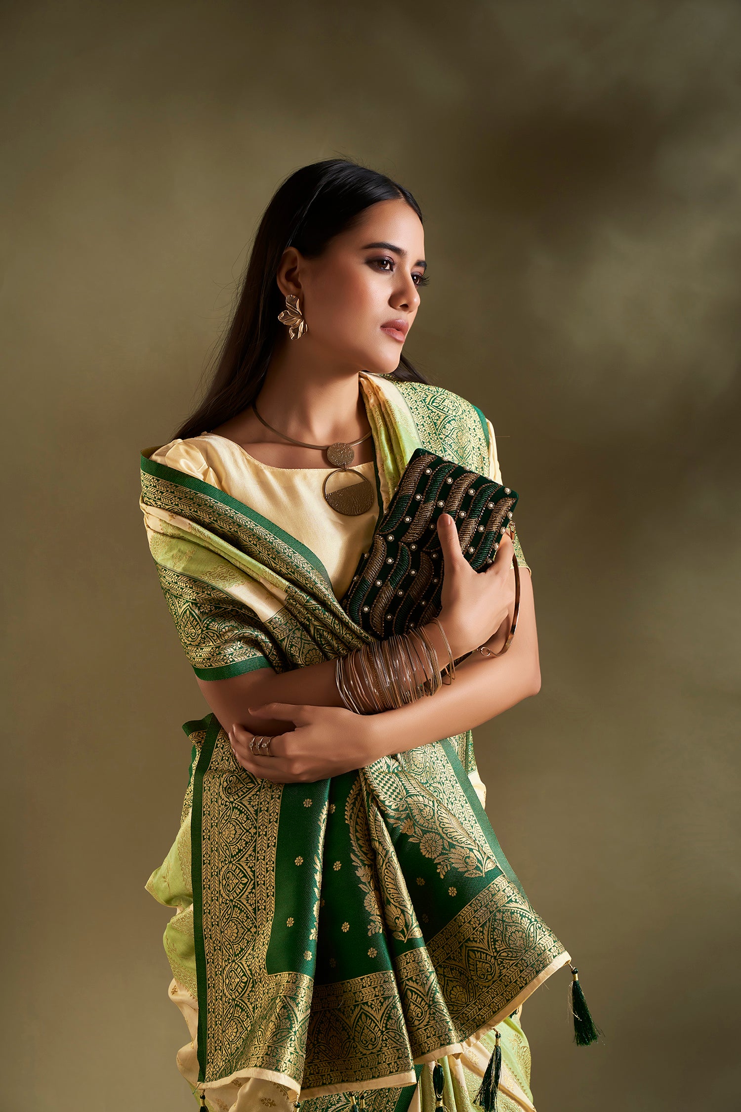 Light Green and Cream Banarasi Silk Saree with Unstitched Blouse