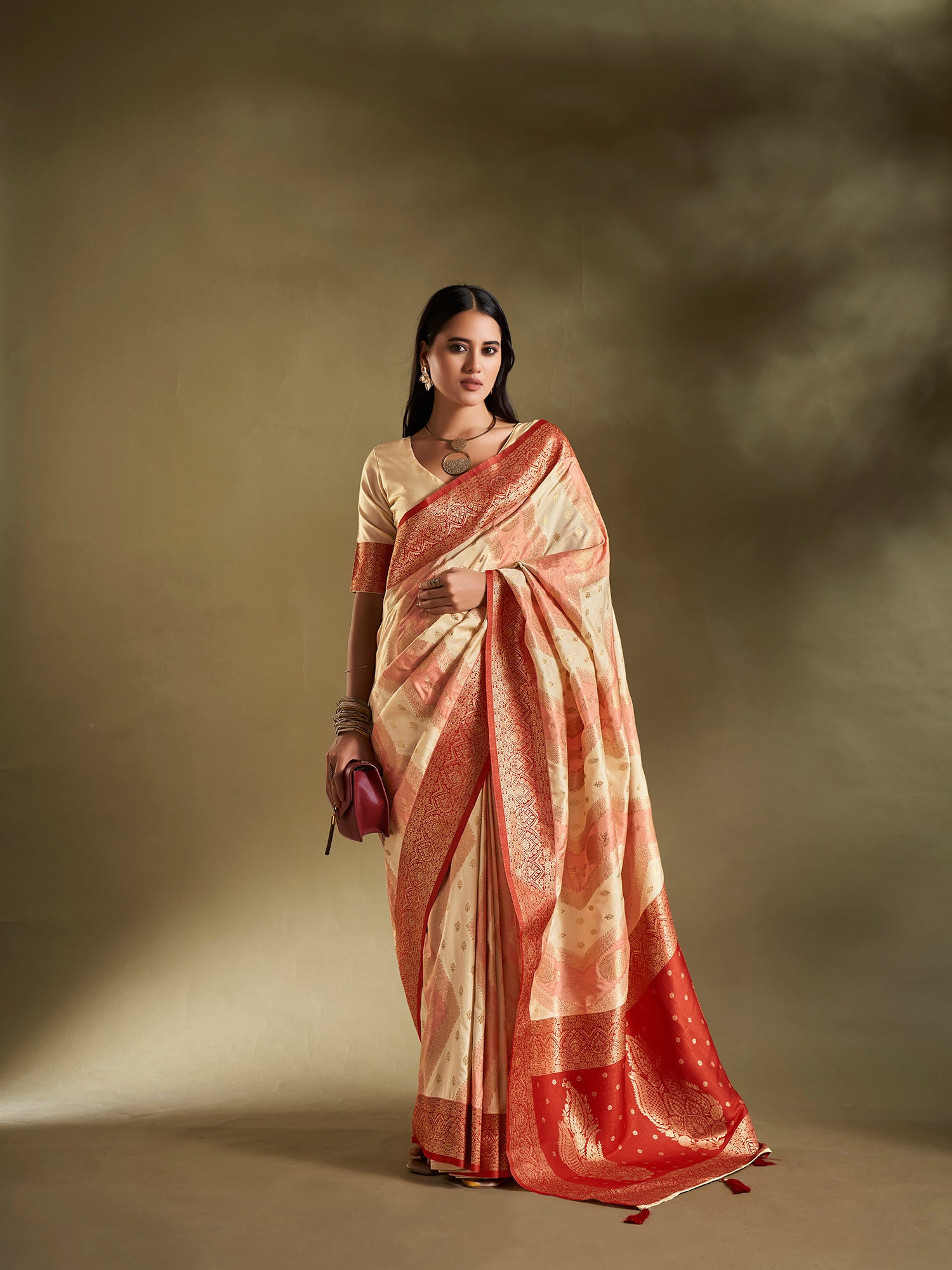 Cream and Pink Banarasi Silk Saree with Unstitched Blouse