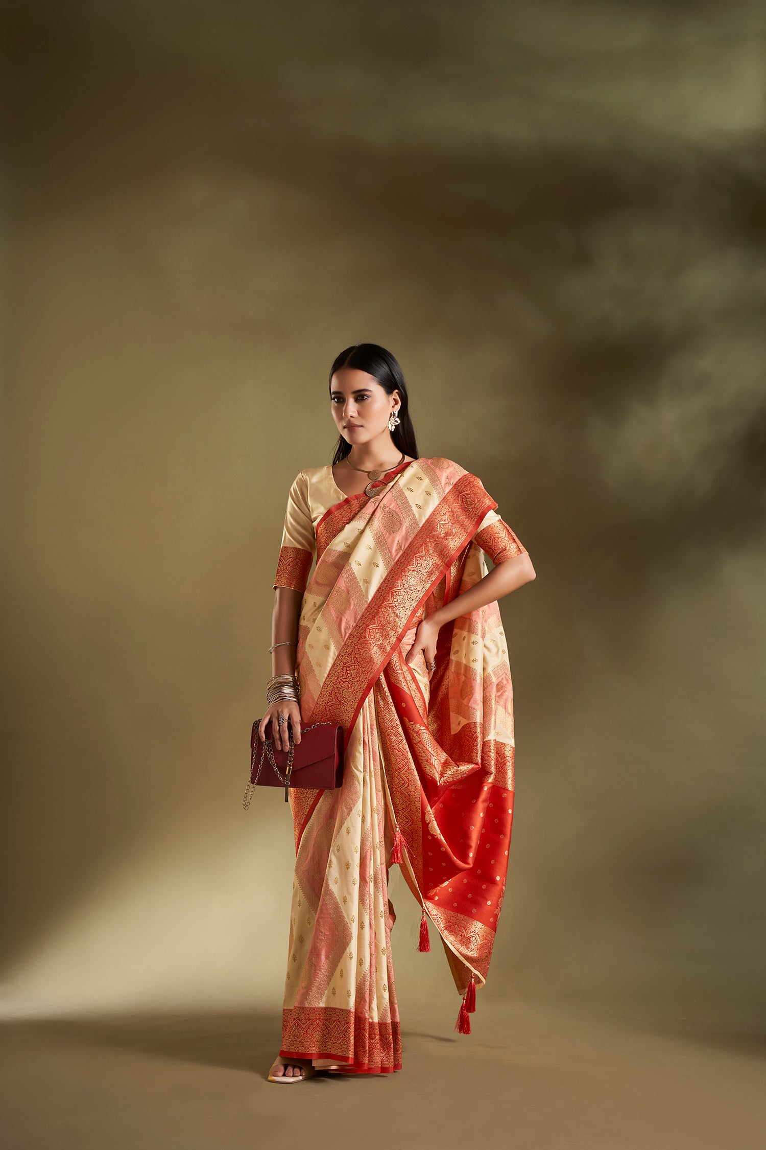 Cream and Pink Banarasi Silk Saree with Unstitched Blouse