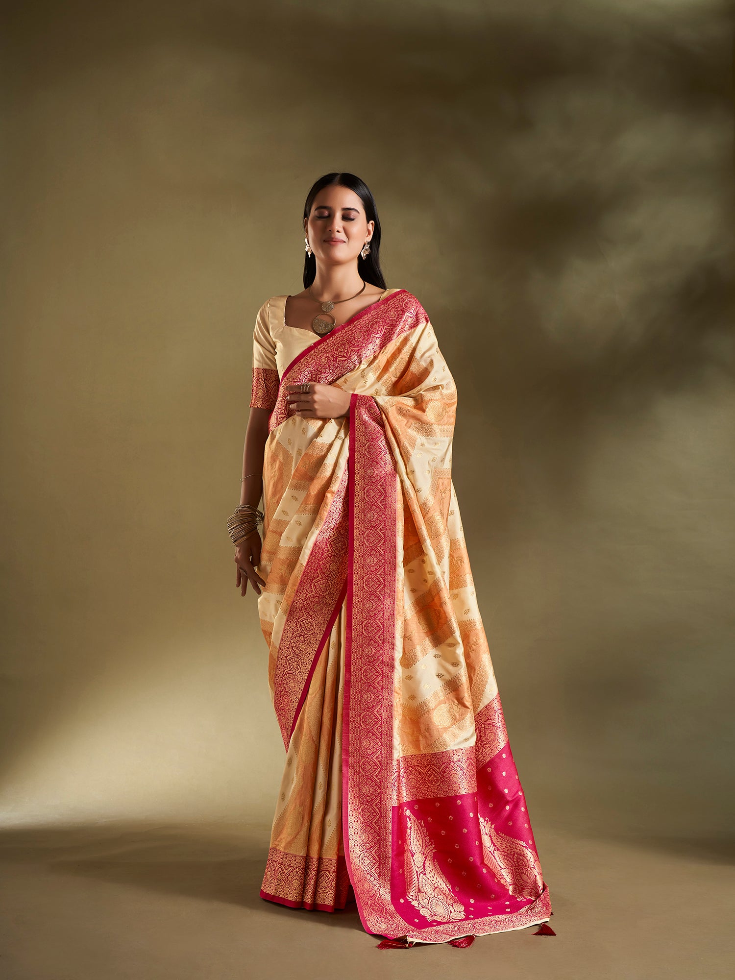 Orange and Cream Banarasi Silk Saree with Unstitched Blouse