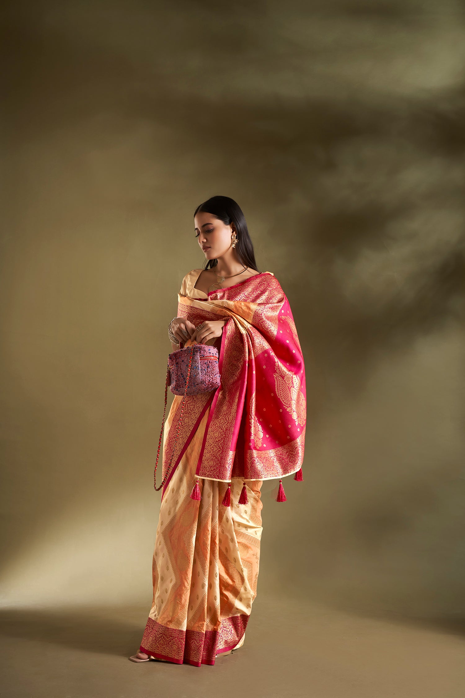 Orange and Cream Banarasi Silk Saree with Unstitched Blouse
