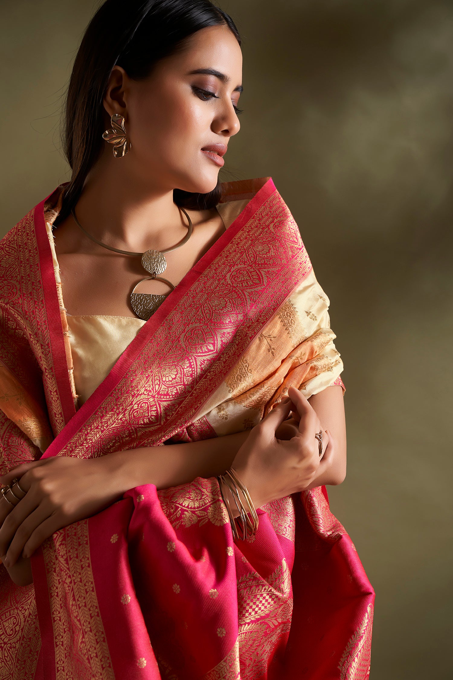 Orange and Cream Banarasi Silk Saree with Unstitched Blouse
