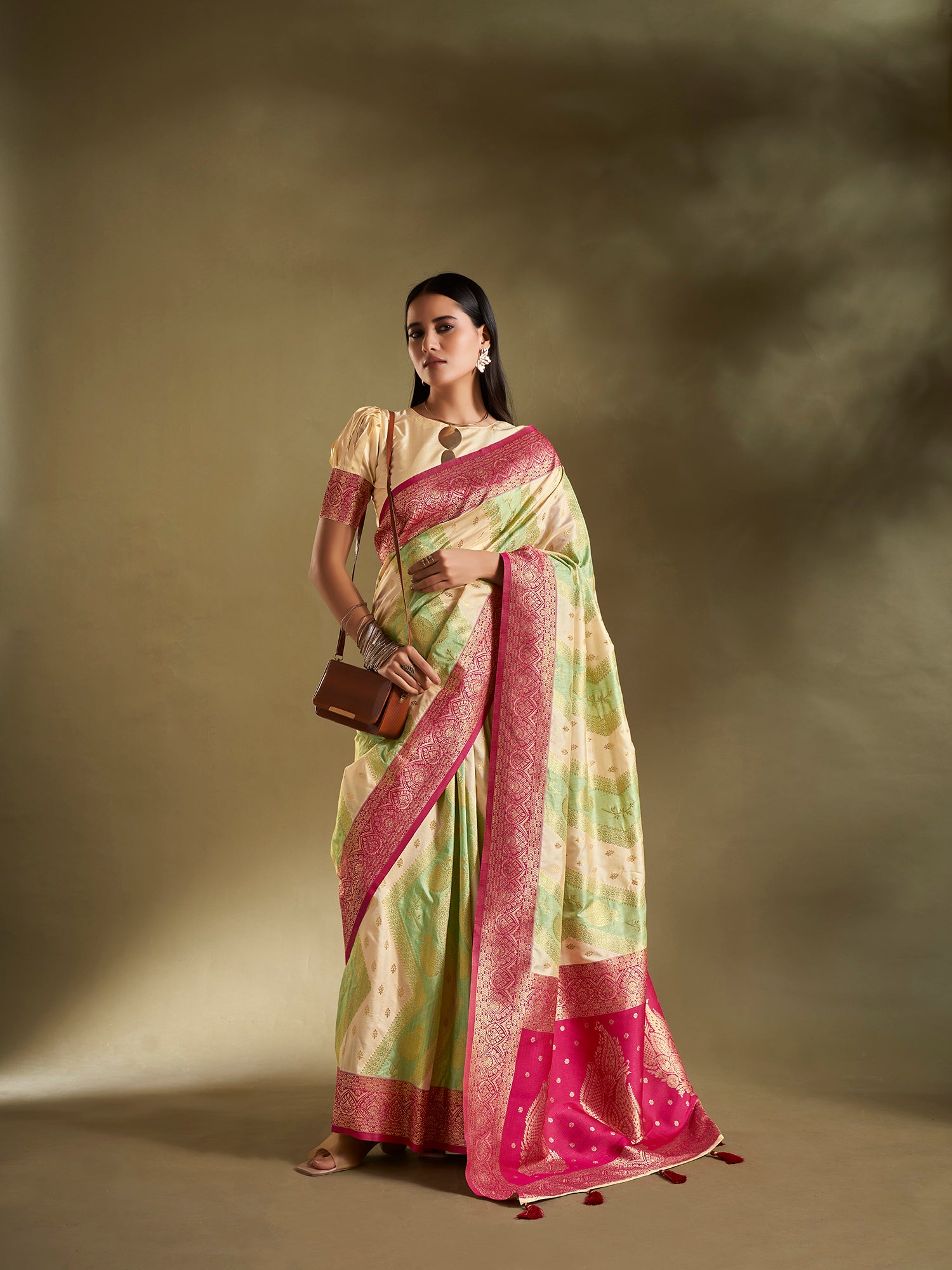 Sea Green and Cream Banarasi Silk Saree with Unstitched Blouse