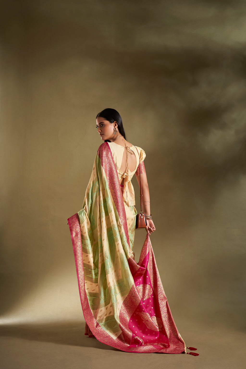 Sea Green and Cream Banarasi Silk Saree with Unstitched Blouse