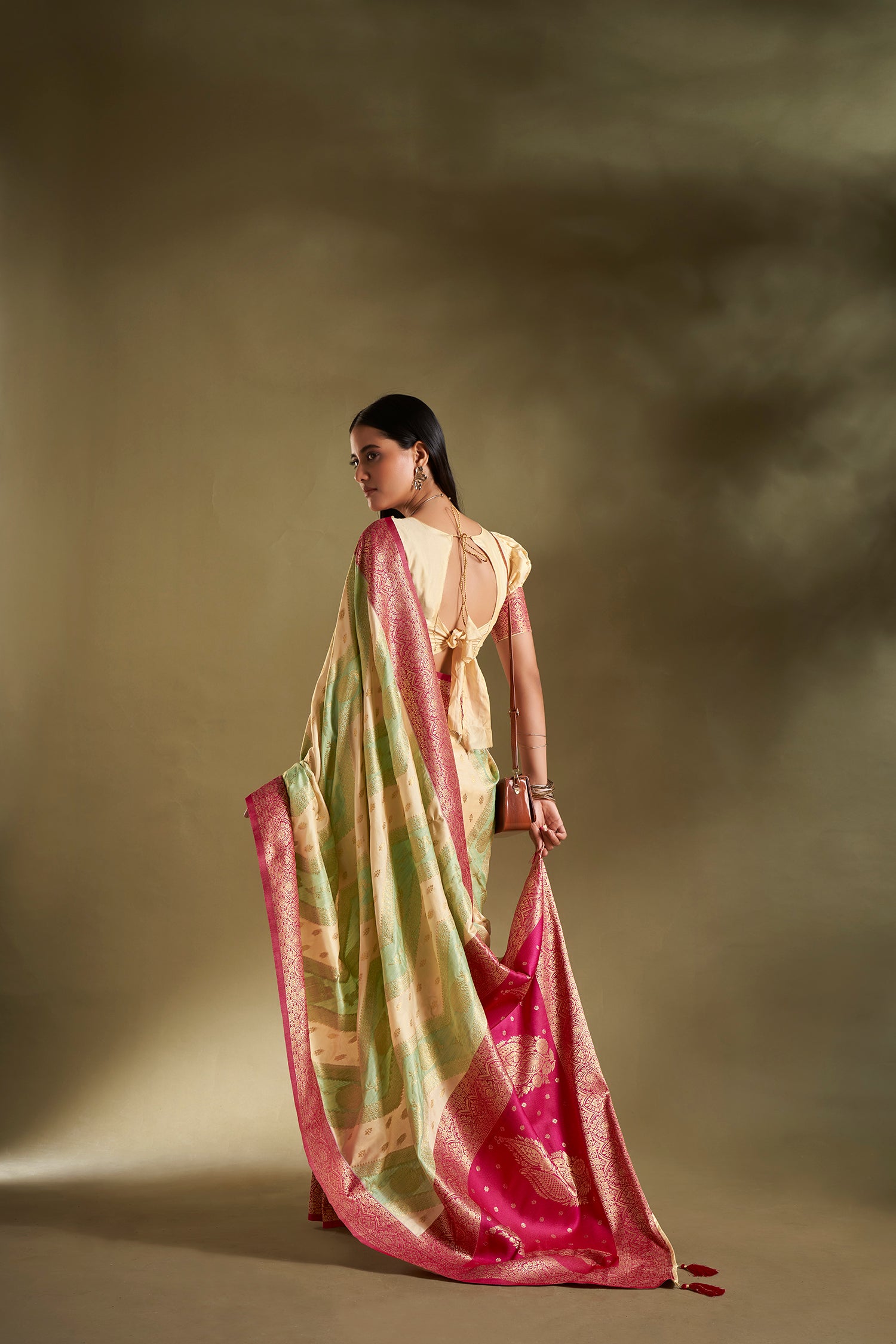 Sea Green and Cream Banarasi Silk Saree with Unstitched Blouse