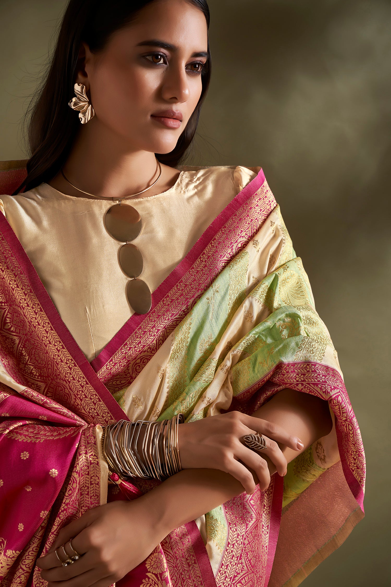 Sea Green and Cream Banarasi Silk Saree with Unstitched Blouse