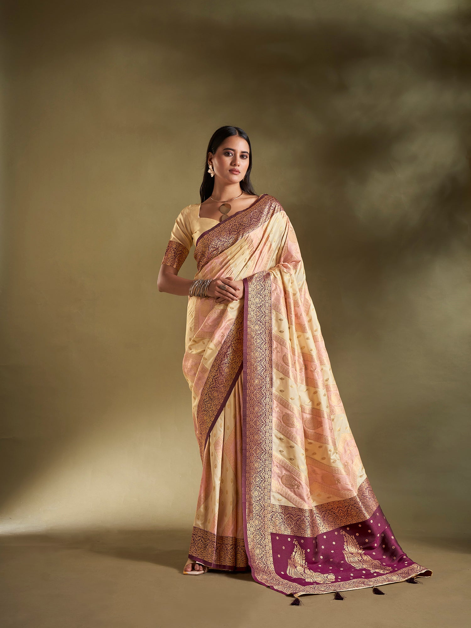Cream and Light Pink Banarasi Silk Saree with Unstitched Blouse
