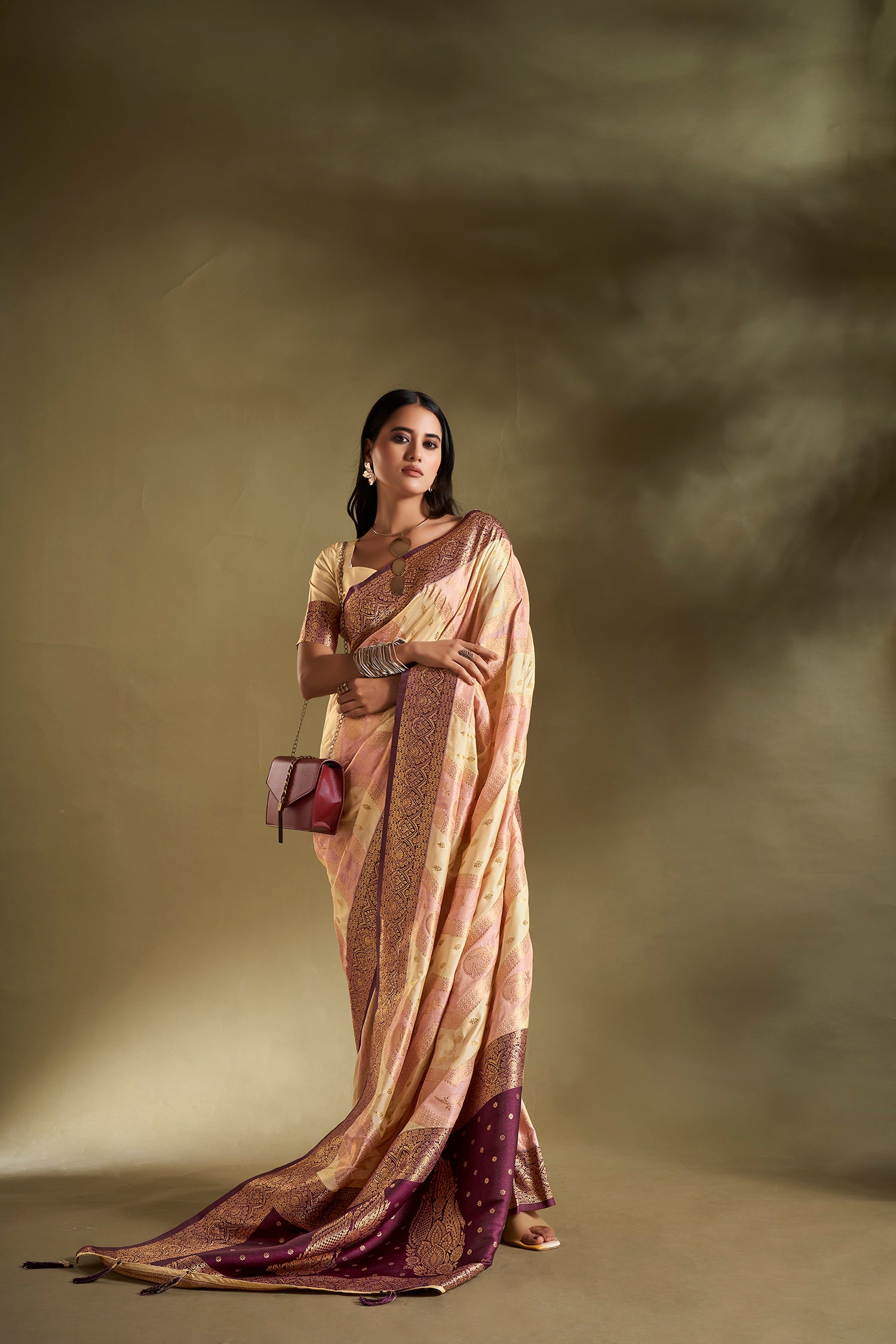 Cream and Light Pink Banarasi Silk Saree with Unstitched Blouse