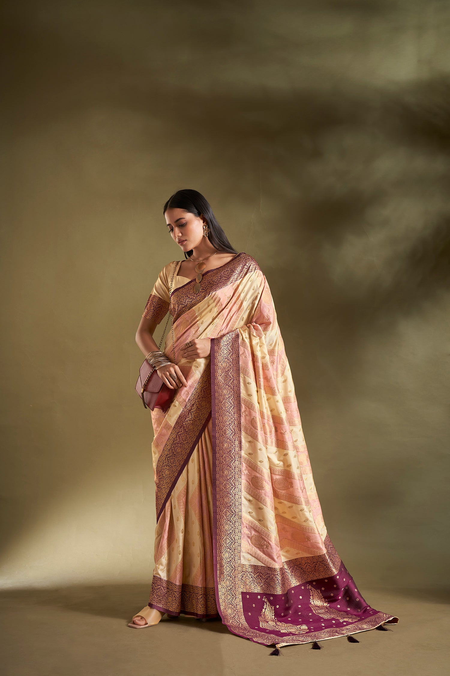 Cream and Light Pink Banarasi Silk Saree with Unstitched Blouse