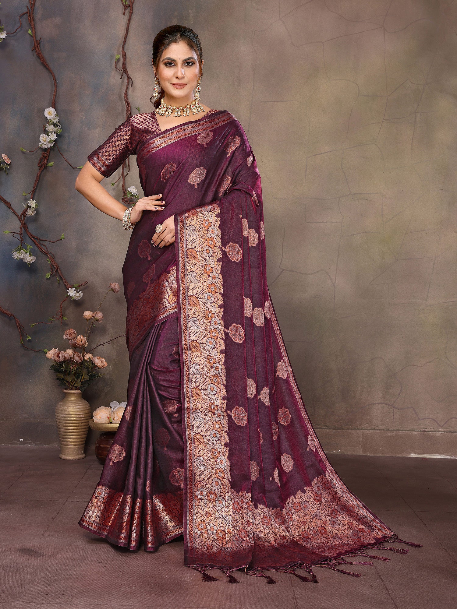 Pink Banarasi Silk Saree with Unstitched Blouse