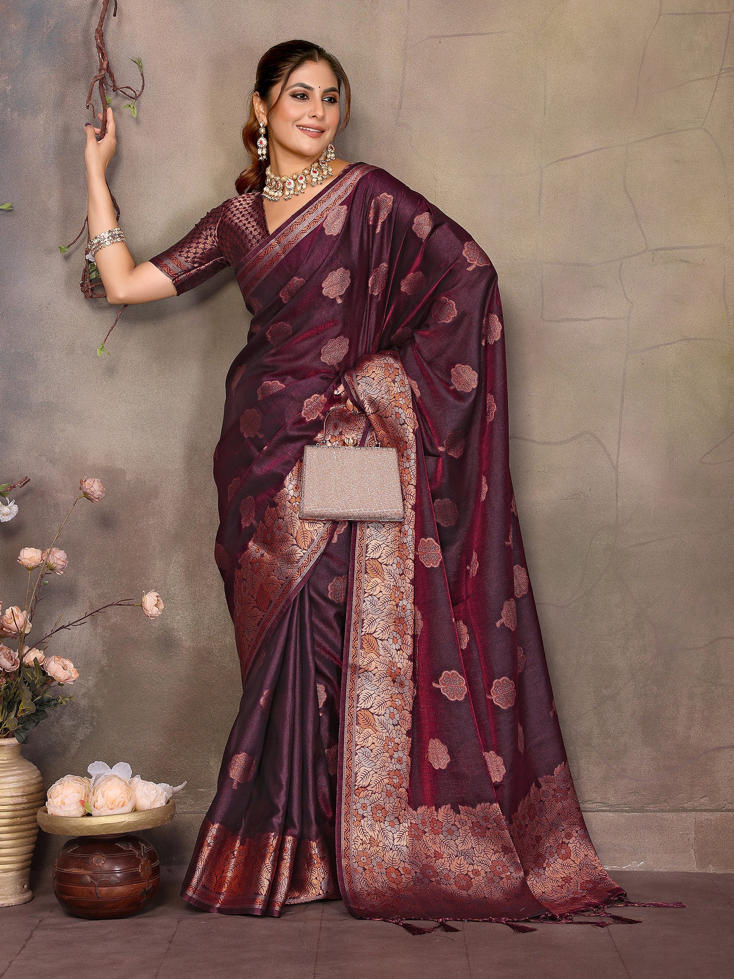 Pink Banarasi Silk Saree with Unstitched Blouse