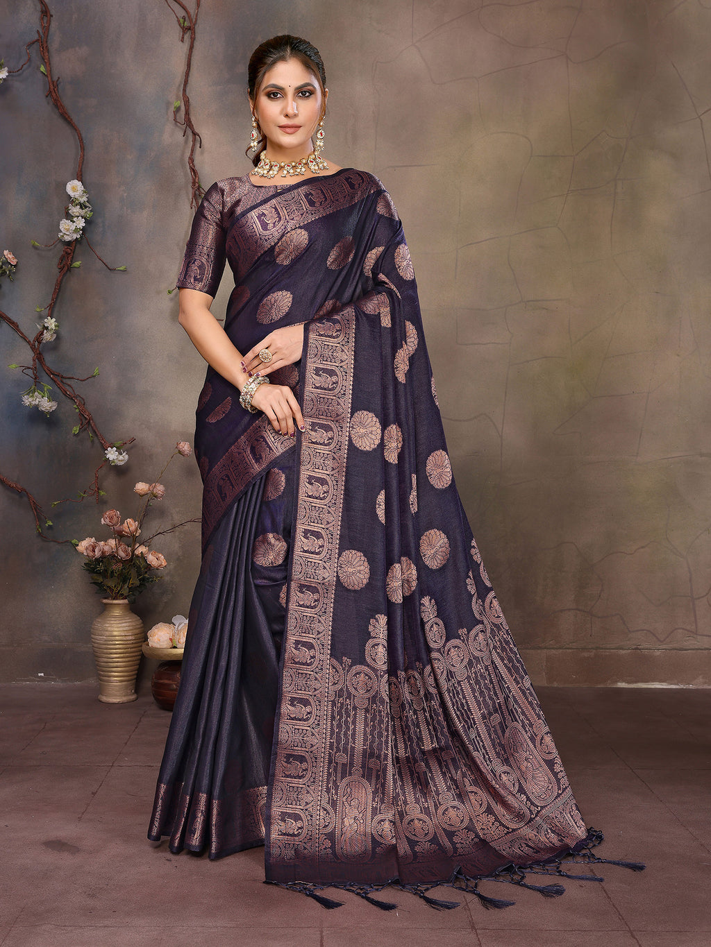 Navy Blue Banarasi Silk Saree with Unstitched Blouse
