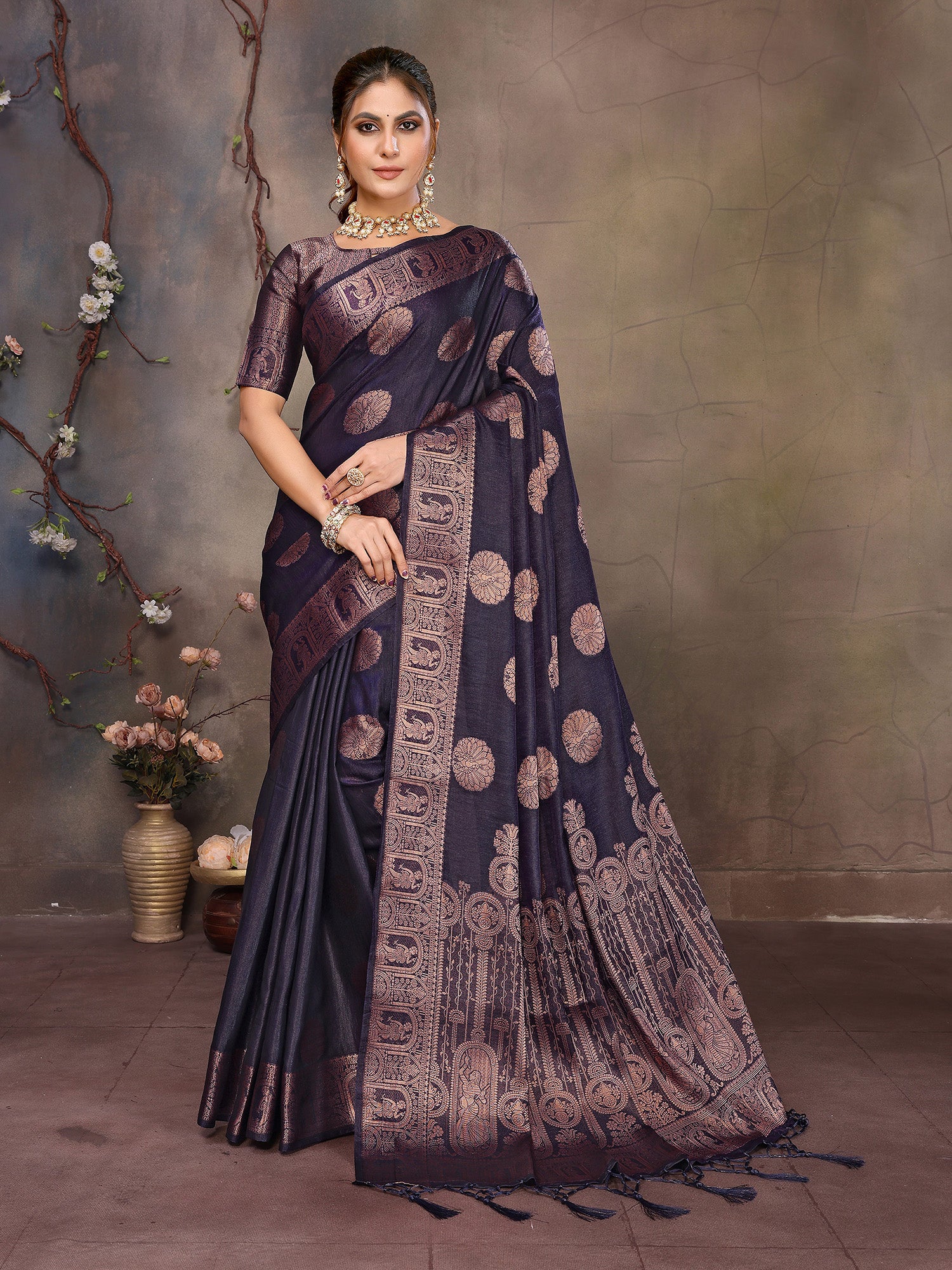 Navy Blue Banarasi Silk Saree with Unstitched Blouse