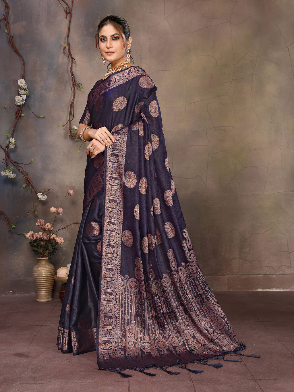 Navy Blue Banarasi Silk Saree with Unstitched Blouse