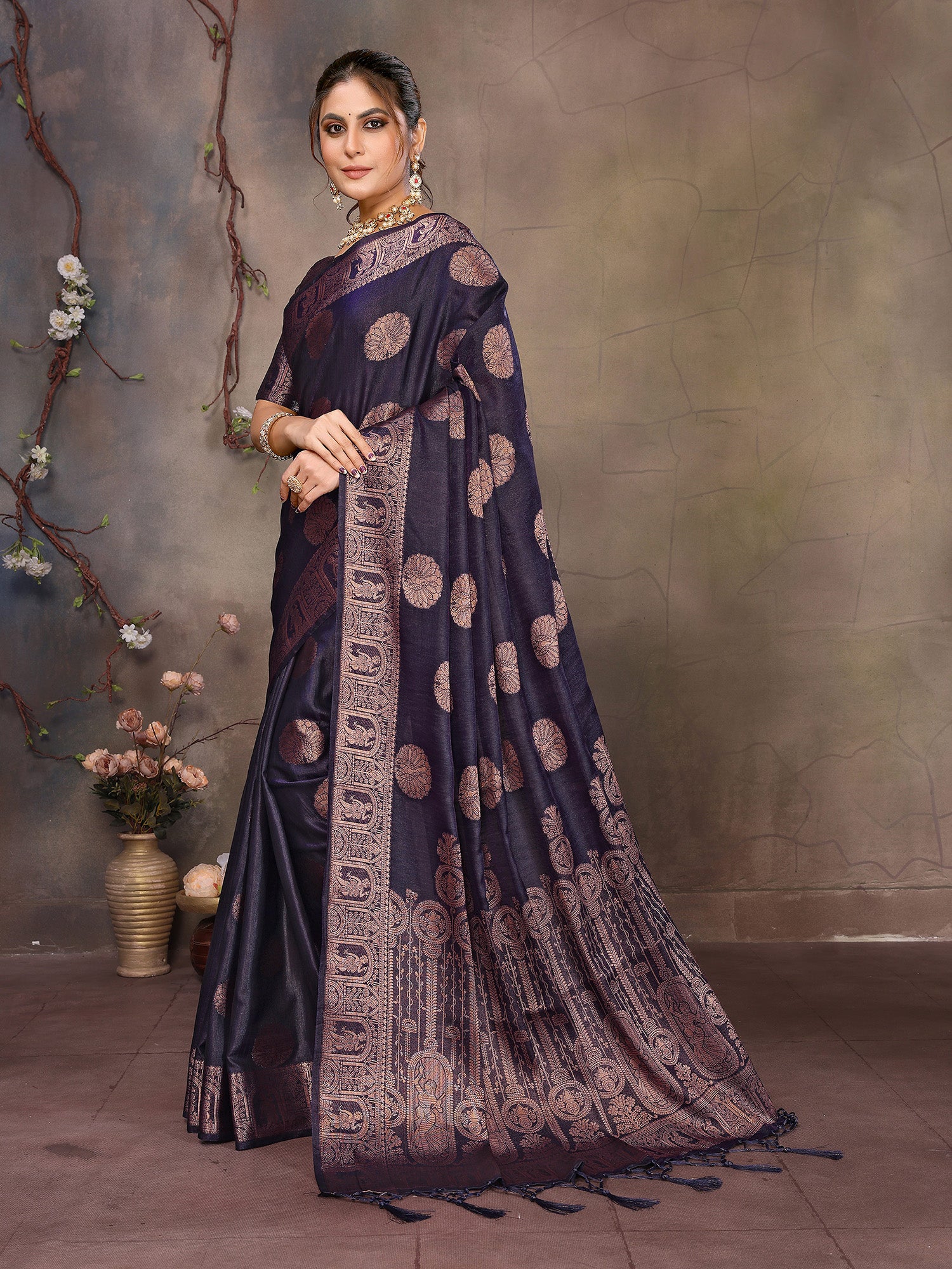 Navy Blue Banarasi Silk Saree with Unstitched Blouse