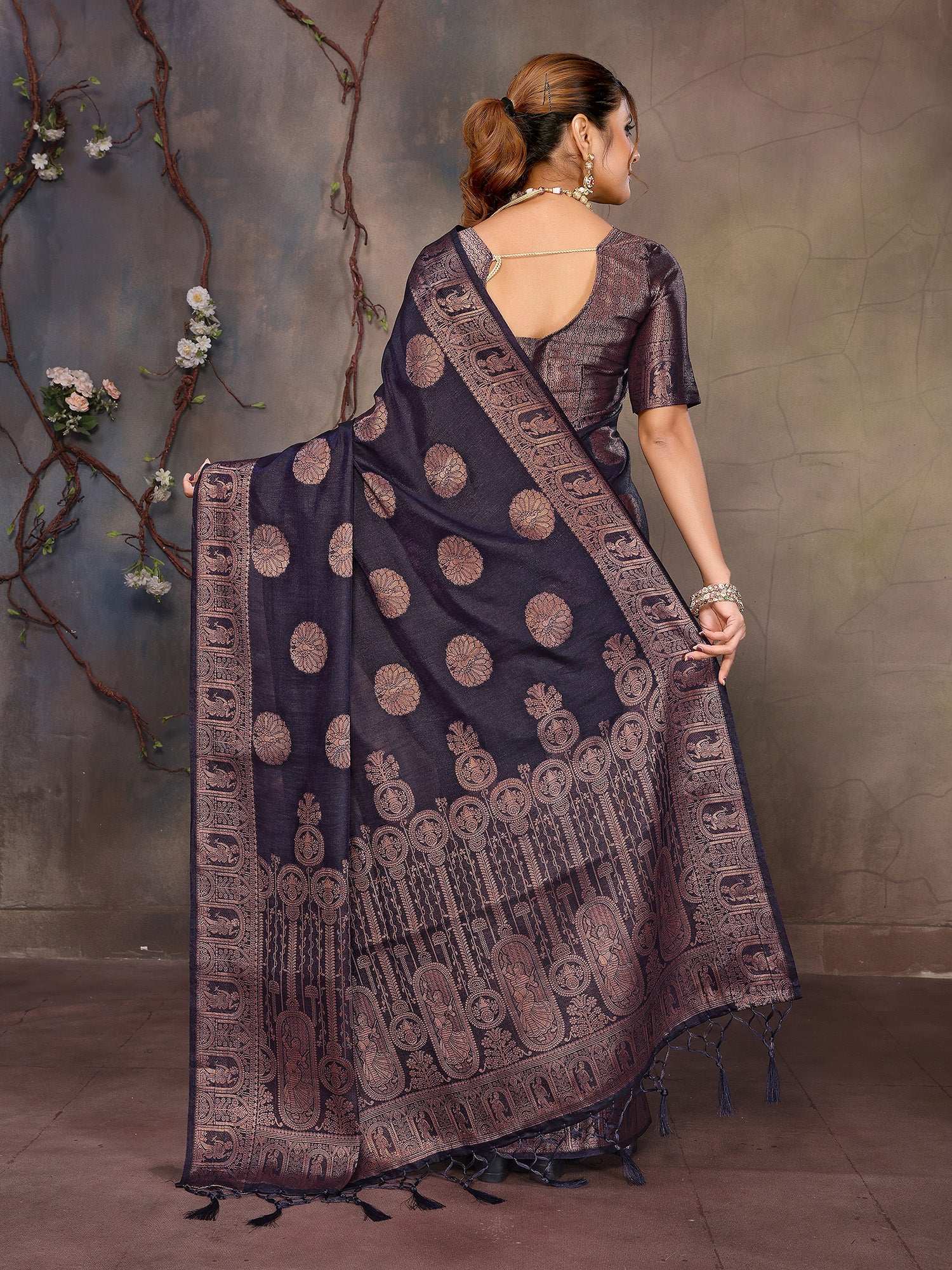 Navy Blue Banarasi Silk Saree with Unstitched Blouse