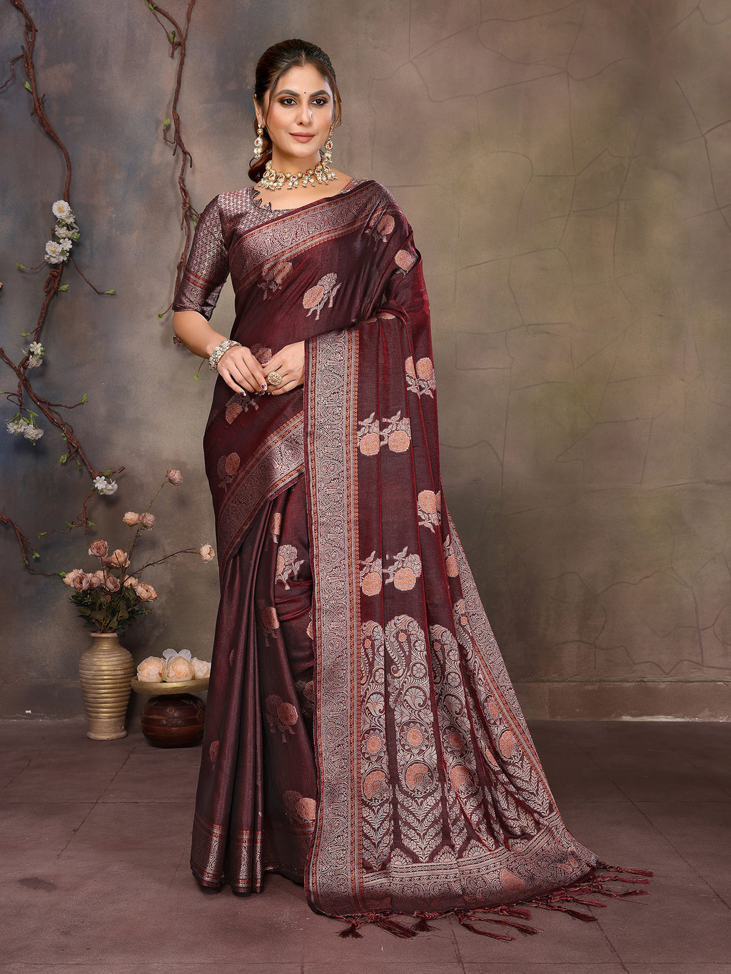 Wine Banarasi Silk Saree with Unstitched Blouse