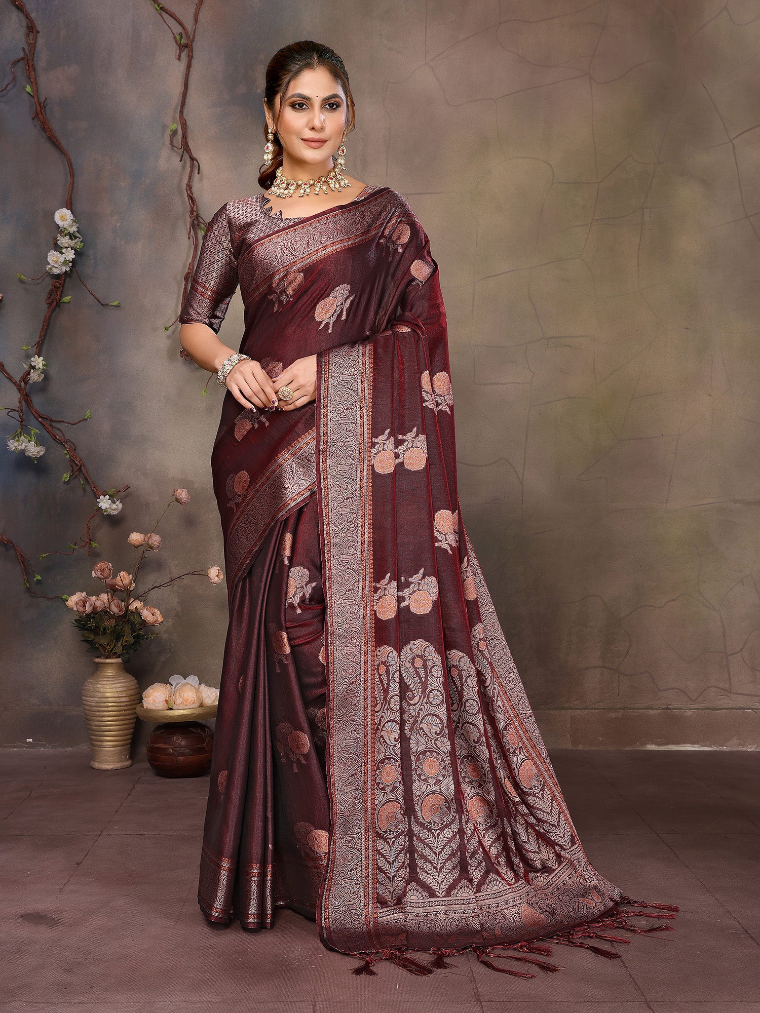 Wine Banarasi Silk Saree with Unstitched Blouse
