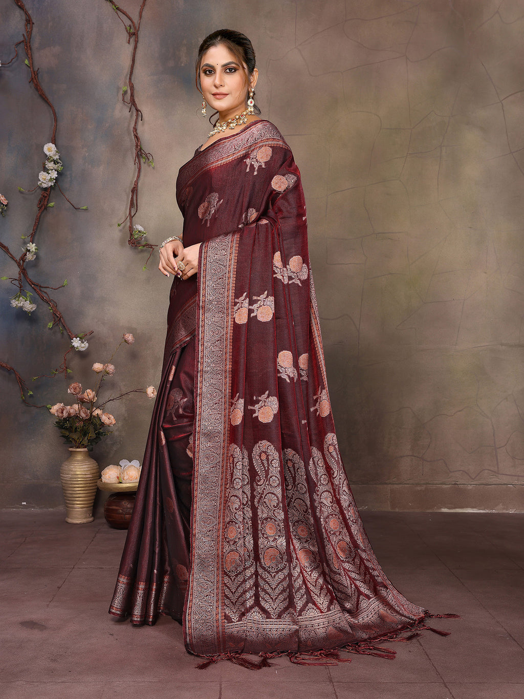 Wine Banarasi Silk Saree with Unstitched Blouse