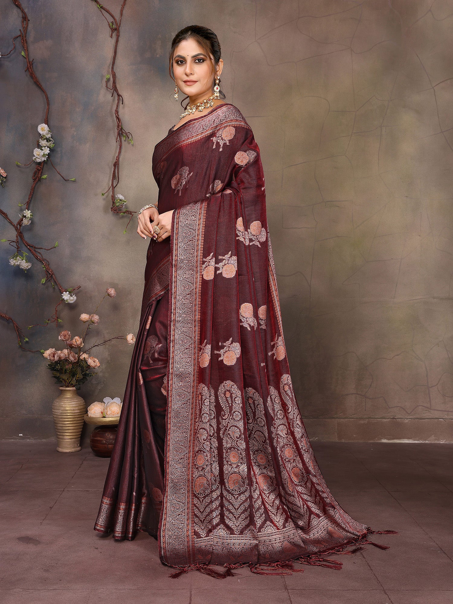 Wine Banarasi Silk Saree with Unstitched Blouse