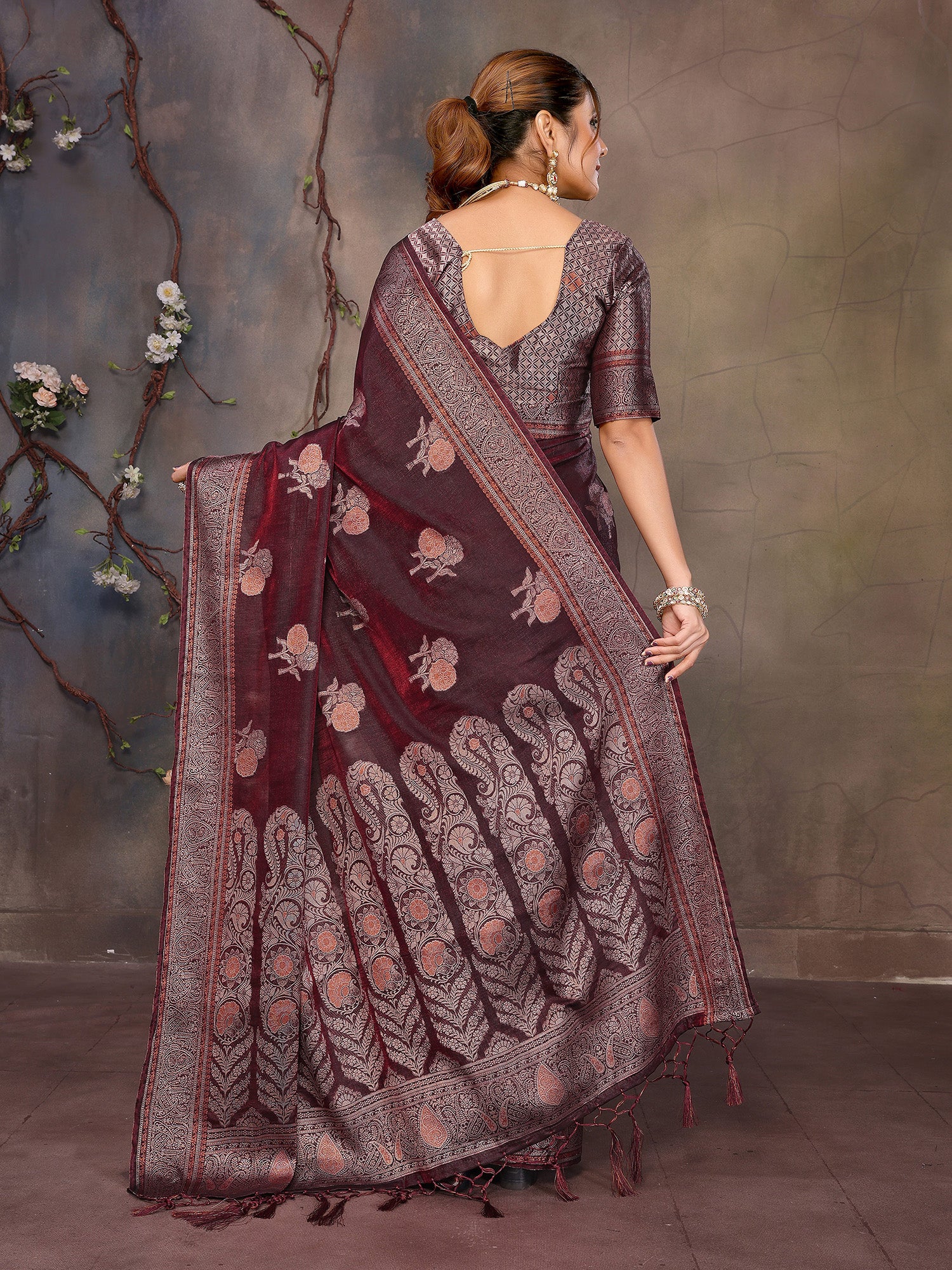 Wine Banarasi Silk Saree with Unstitched Blouse