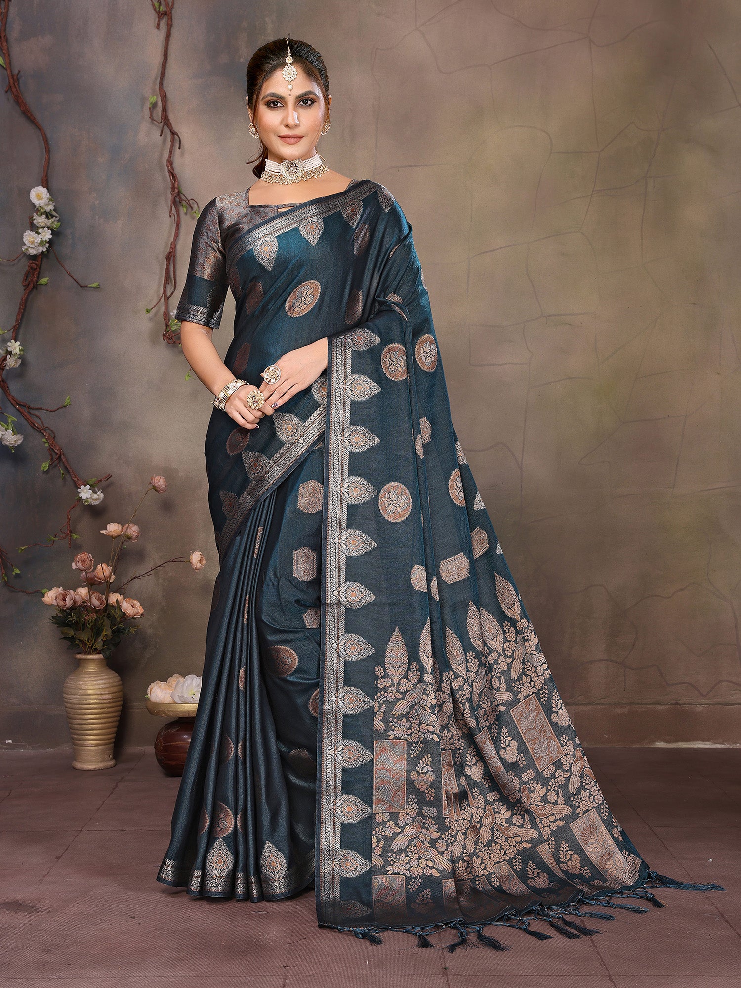 Teal Blue Banarasi Silk Saree with Unstitched Blouse