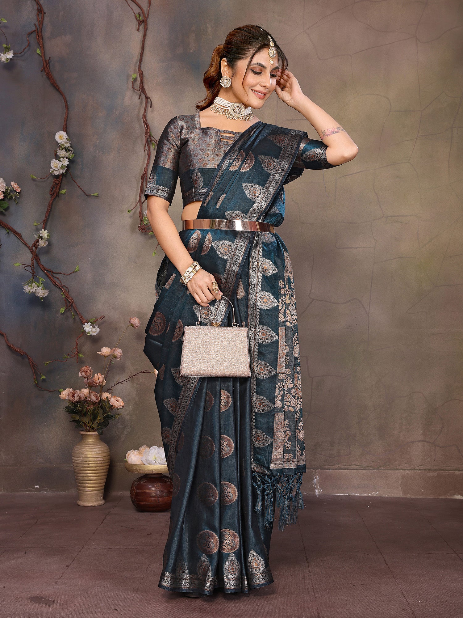 Teal Blue Banarasi Silk Saree with Unstitched Blouse