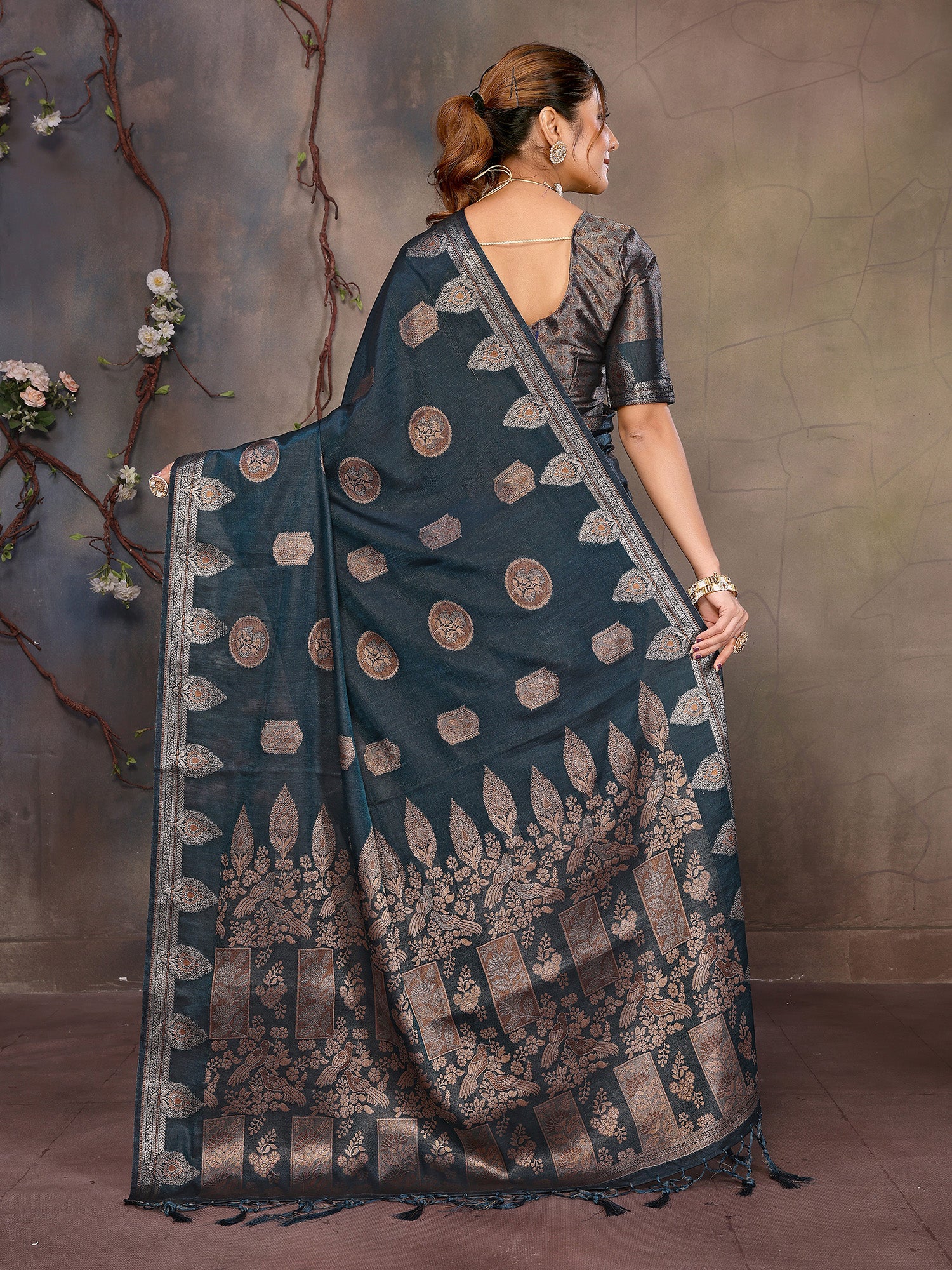 Teal Blue Banarasi Silk Saree with Unstitched Blouse