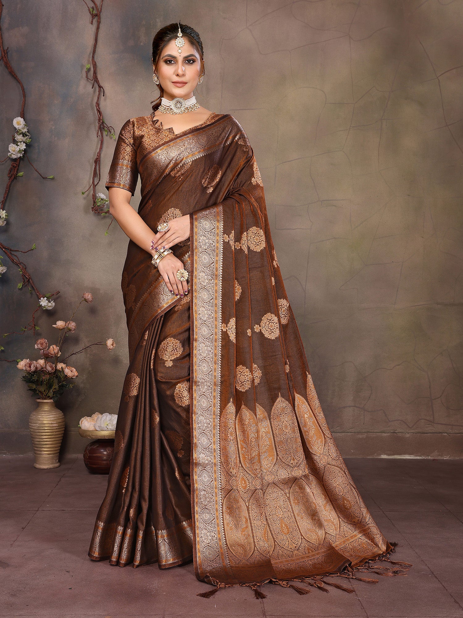 Brown Banarasi Silk Saree with Unstitched Blouse