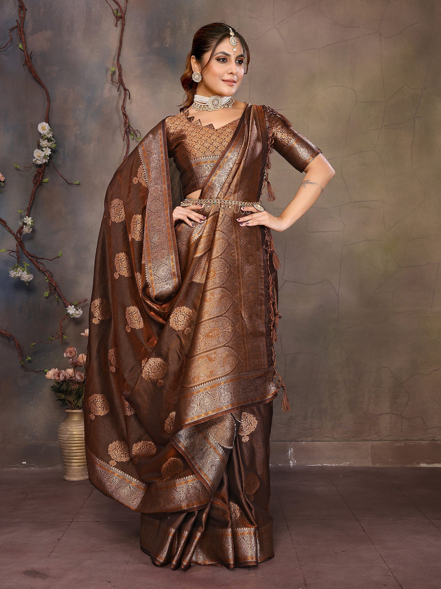 Brown Banarasi Silk Saree with Unstitched Blouse