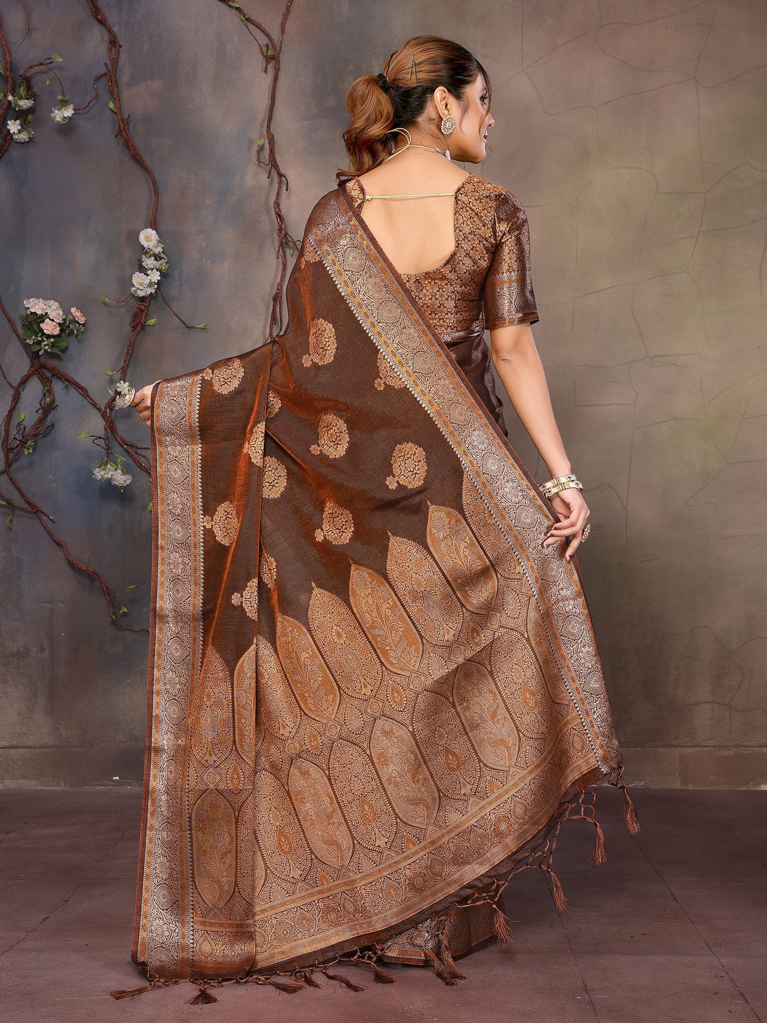 Brown Banarasi Silk Saree with Unstitched Blouse