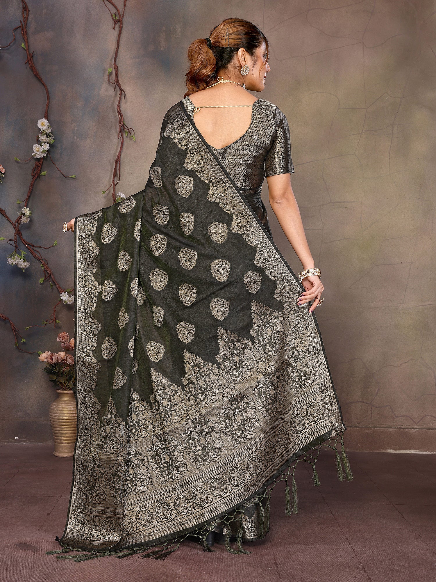 Dark Green Banarasi Silk Saree with Unstitched Blouse