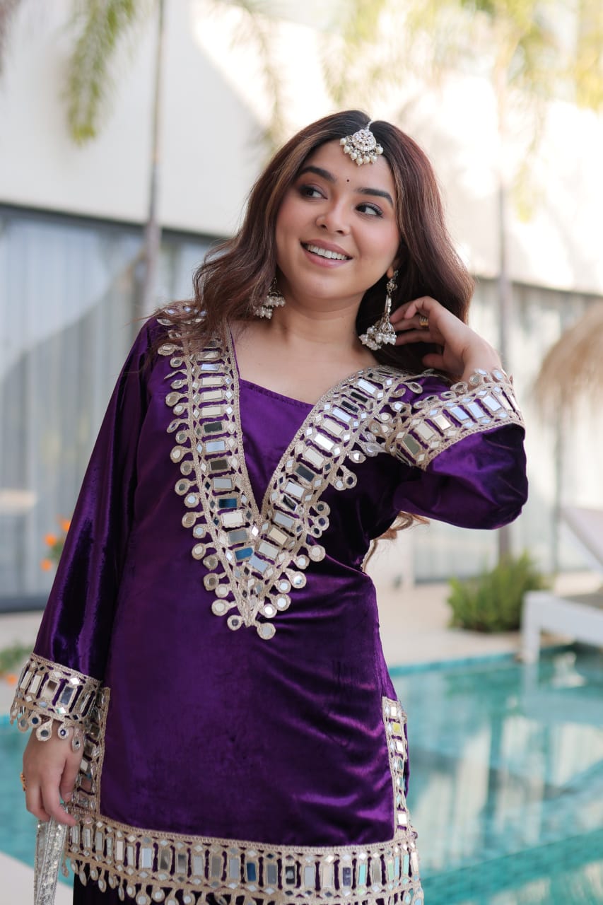 Women Velvet Purple Sequence embroidery work Kurta Set with Potli Bag