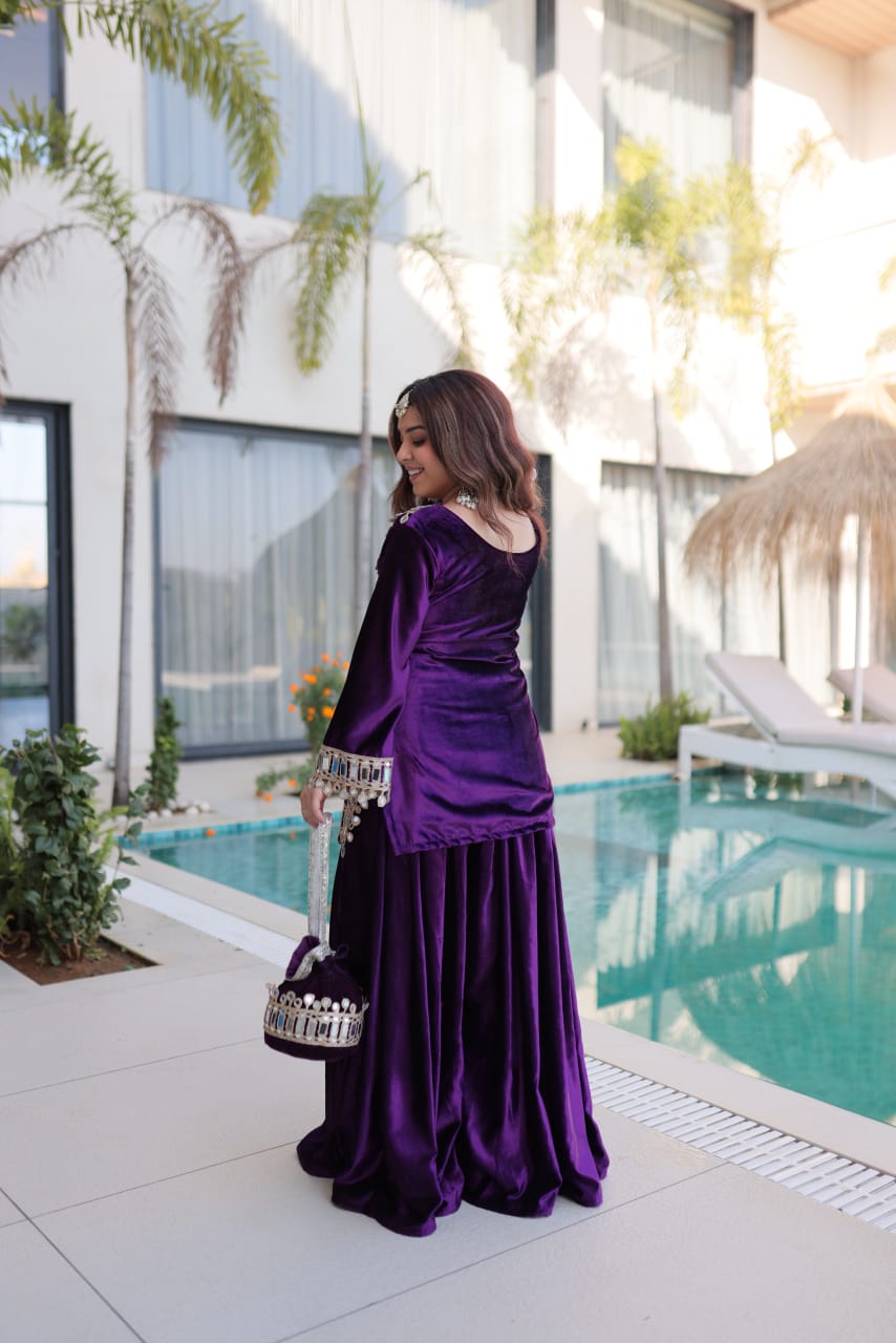 Women Velvet Purple Sequence embroidery work Kurta Set with Potli Bag