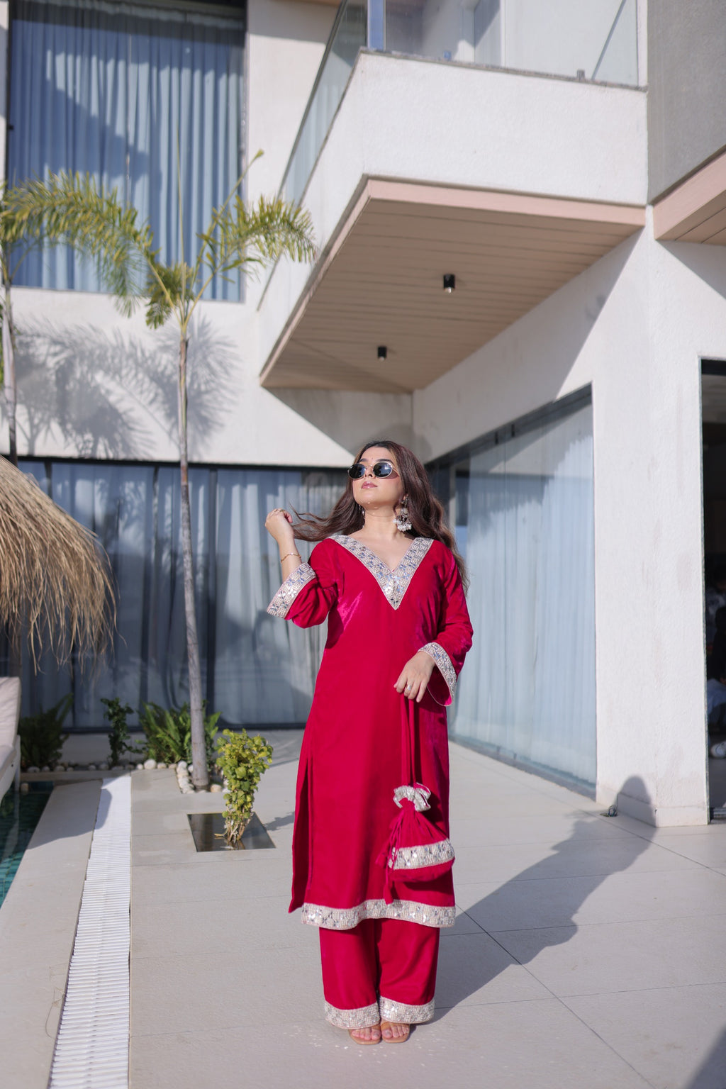 Women Rani Pink Velvet With Zari Embroidered & Real Mirror Work Kurta Set with Batwa