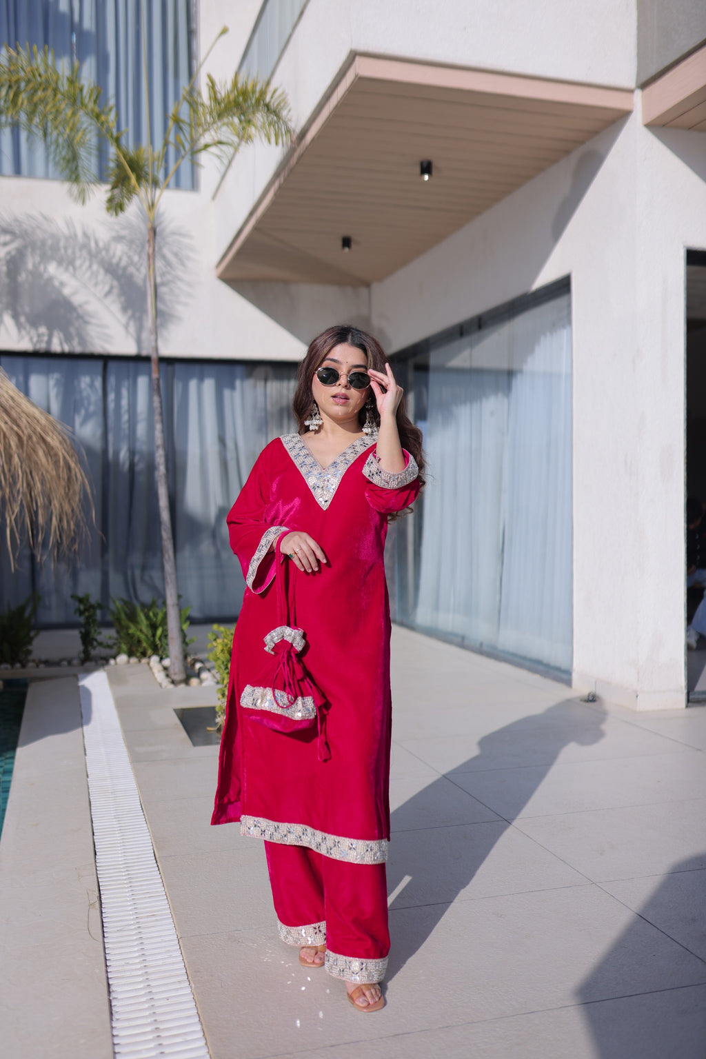Women Rani Pink Velvet With Zari Embroidered & Real Mirror Work Kurta Set with Batwa