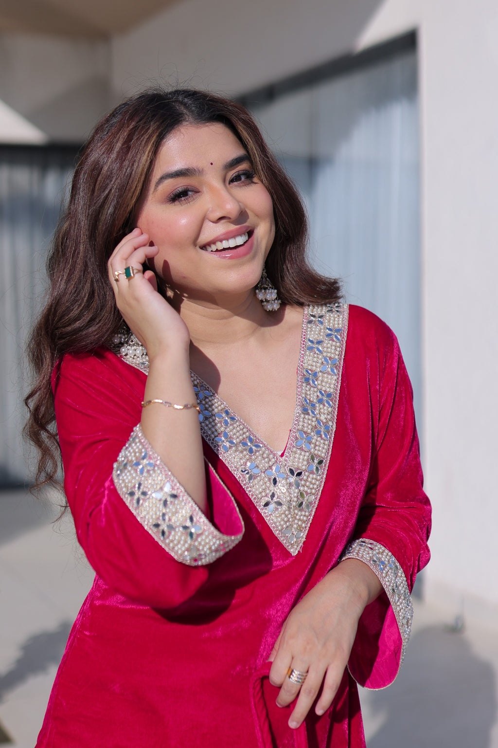 Women Rani Pink Velvet With Zari Embroidered & Real Mirror Work Kurta Set with Batwa