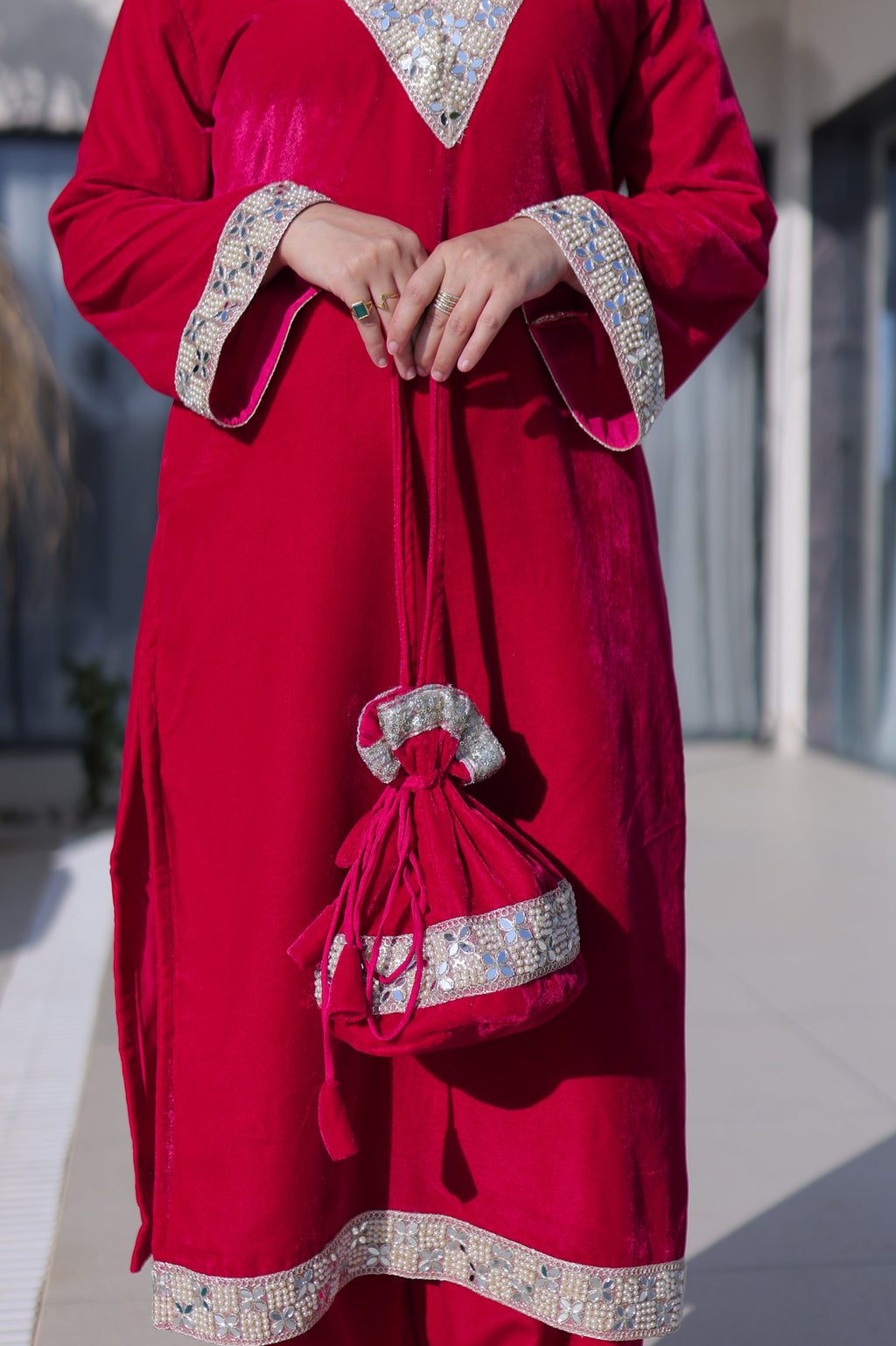 Women Rani Pink Velvet With Zari Embroidered & Real Mirror Work Kurta Set with Batwa