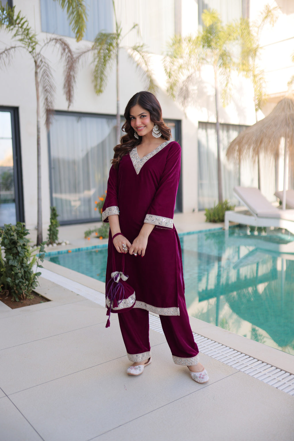 Women Wine Velvet With Zari Embroidered & Real Mirror Work Kurta Set with Batwa