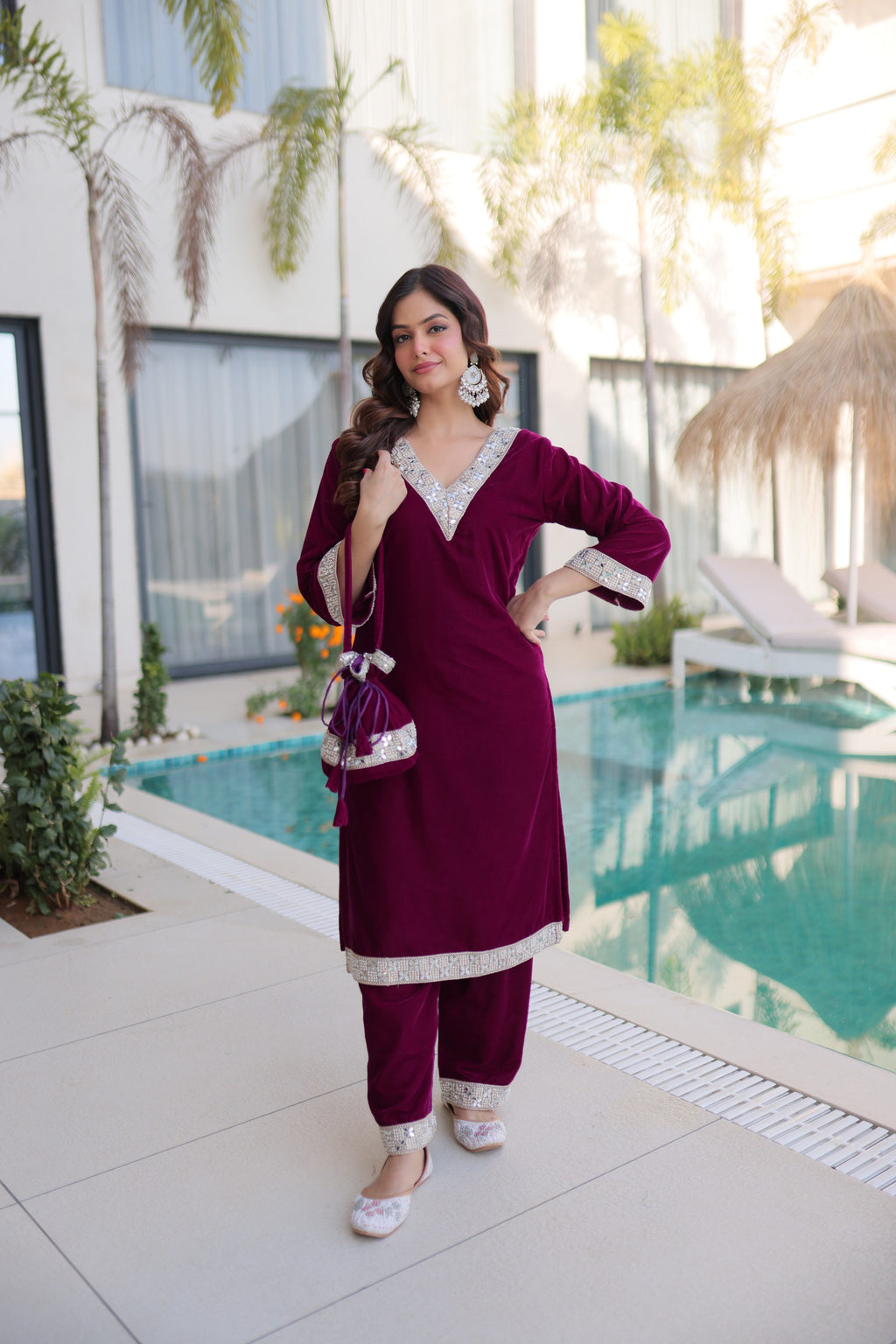 Women Wine Velvet With Zari Embroidered & Real Mirror Work Kurta Set with Batwa