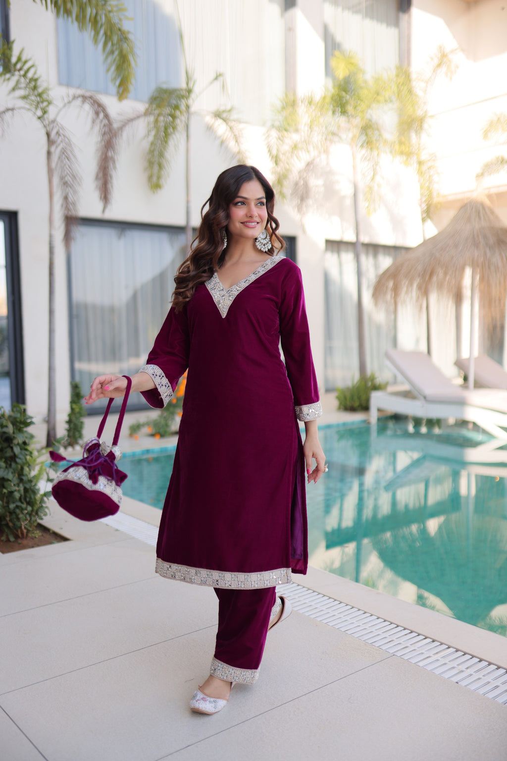 Women Wine Velvet With Zari Embroidered & Real Mirror Work Kurta Set with Batwa