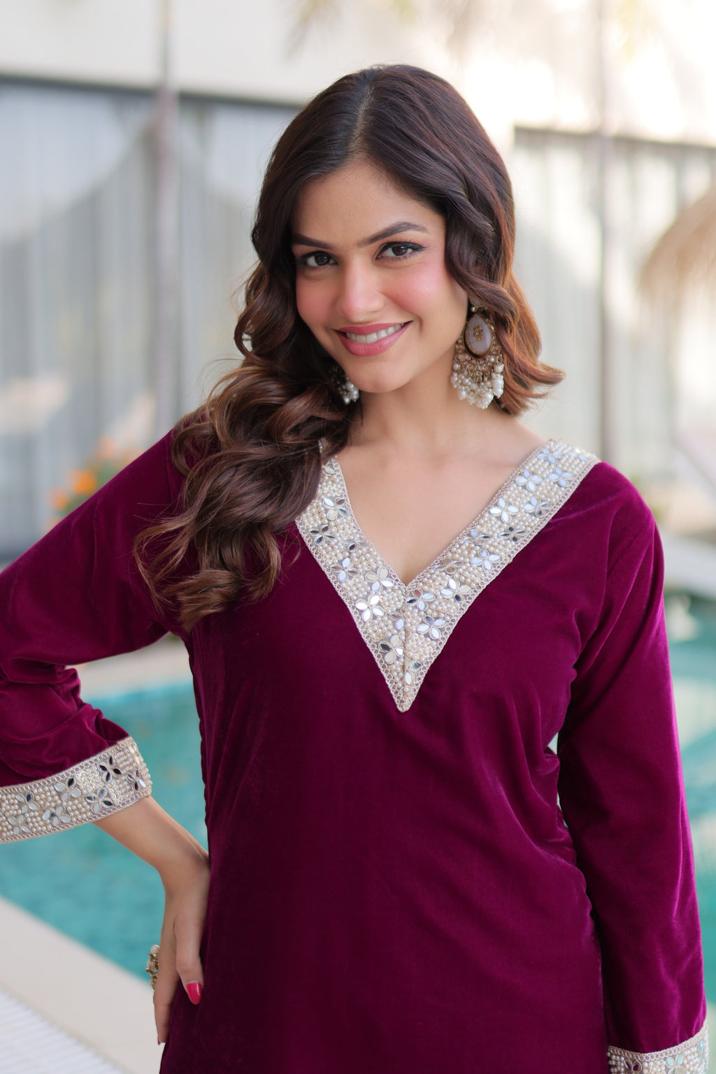 Women Wine Velvet With Zari Embroidered & Real Mirror Work Kurta Set with Batwa