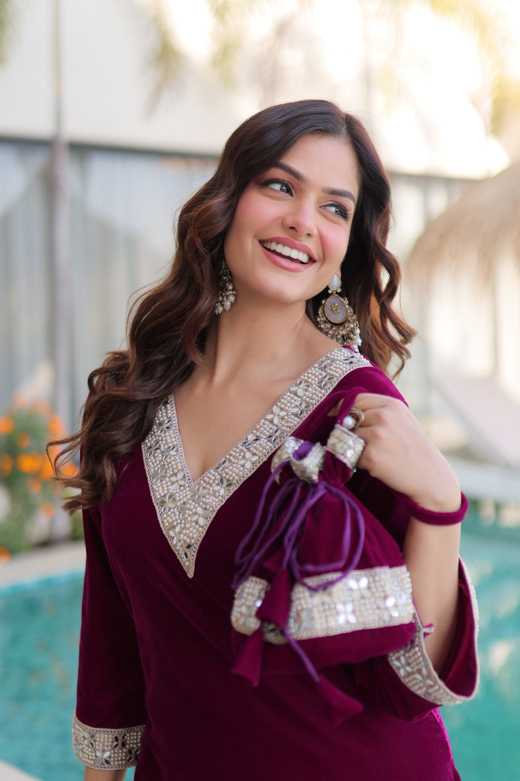 Women Wine Velvet With Zari Embroidered & Real Mirror Work Kurta Set with Batwa